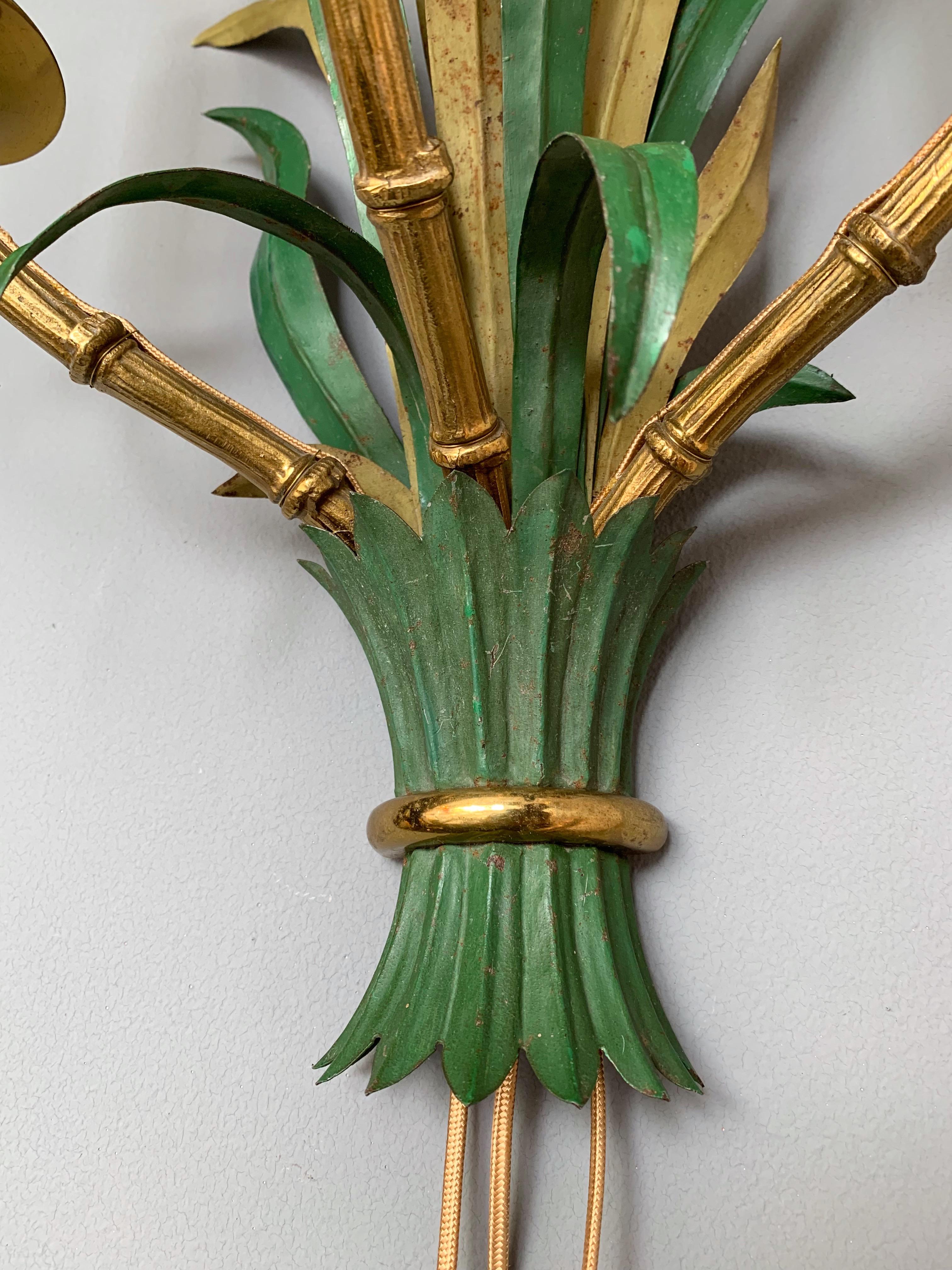 iconic neoclassical wall lights sconces bronze bamboo palm tree with lacquered brass leaf by Maison Bagues. Great patina. Famous manufacture like Jansen, Charles