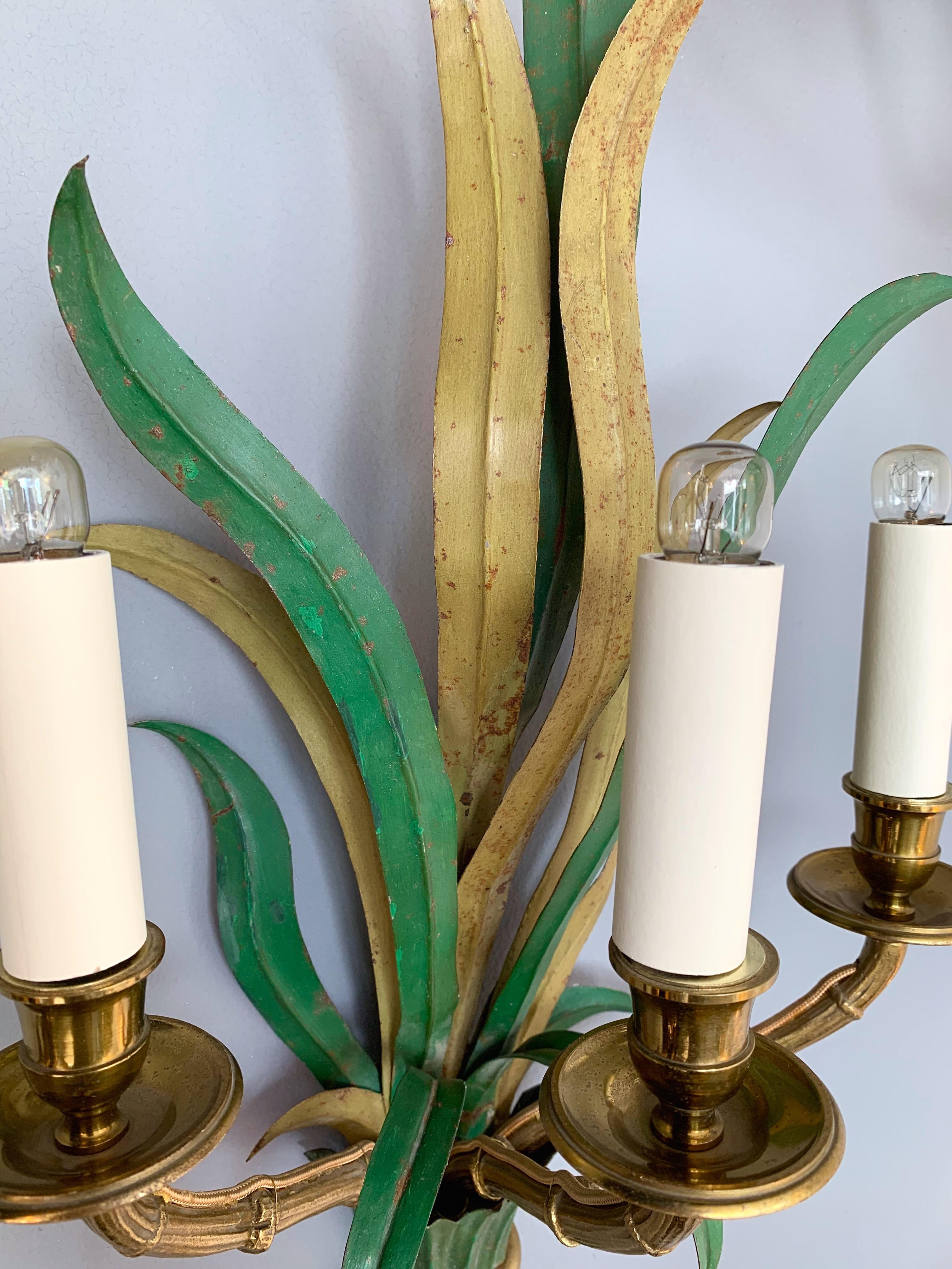 Mid-Century Modern Pair of Sconces Bamboo Palm Bronze by Maison Bagues, France, 1970s