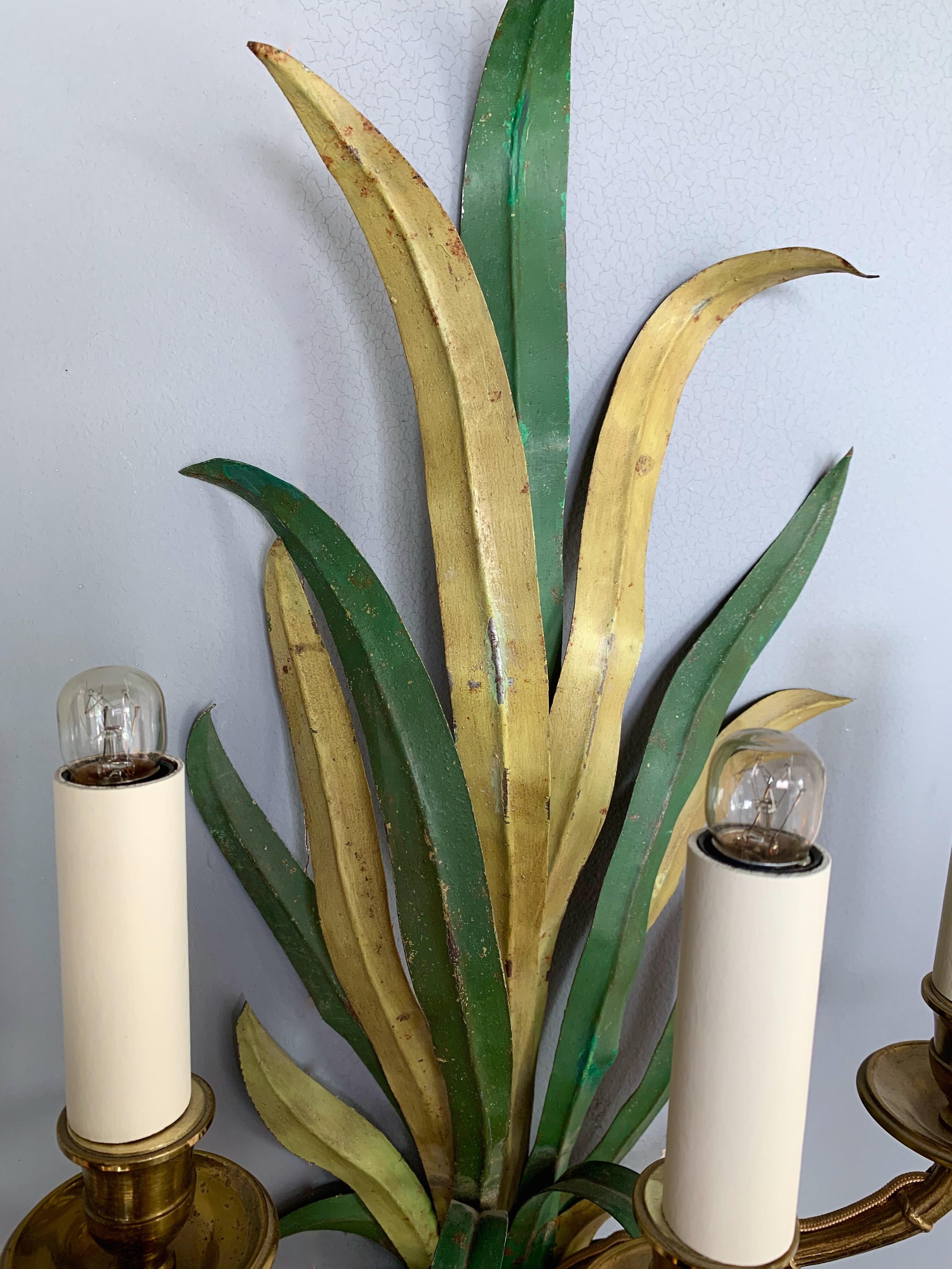 French Pair of Sconces Bamboo Palm Bronze by Maison Bagues, France, 1970s