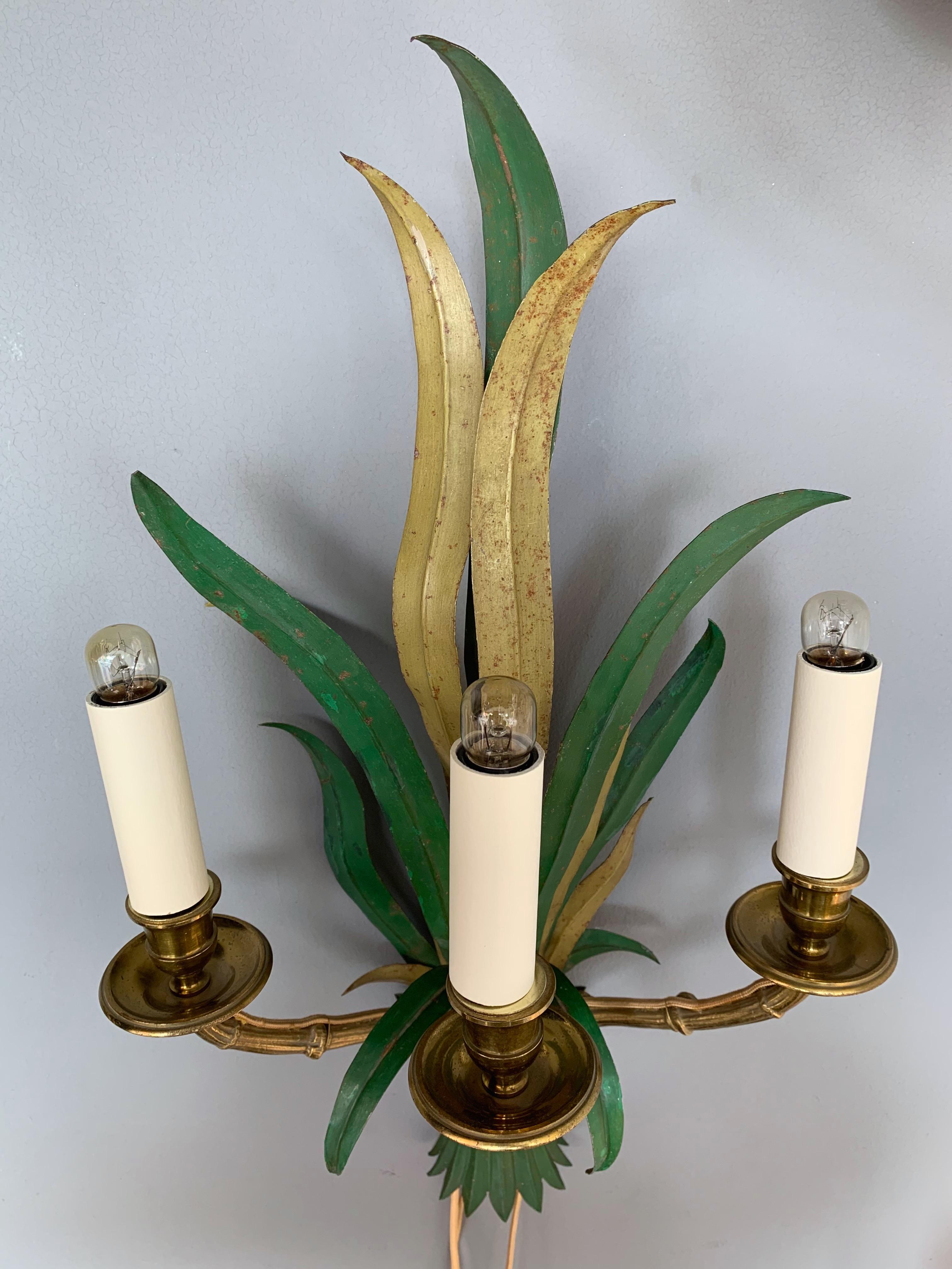 Lacquered Pair of Sconces Bamboo Palm Bronze by Maison Bagues, France, 1970s