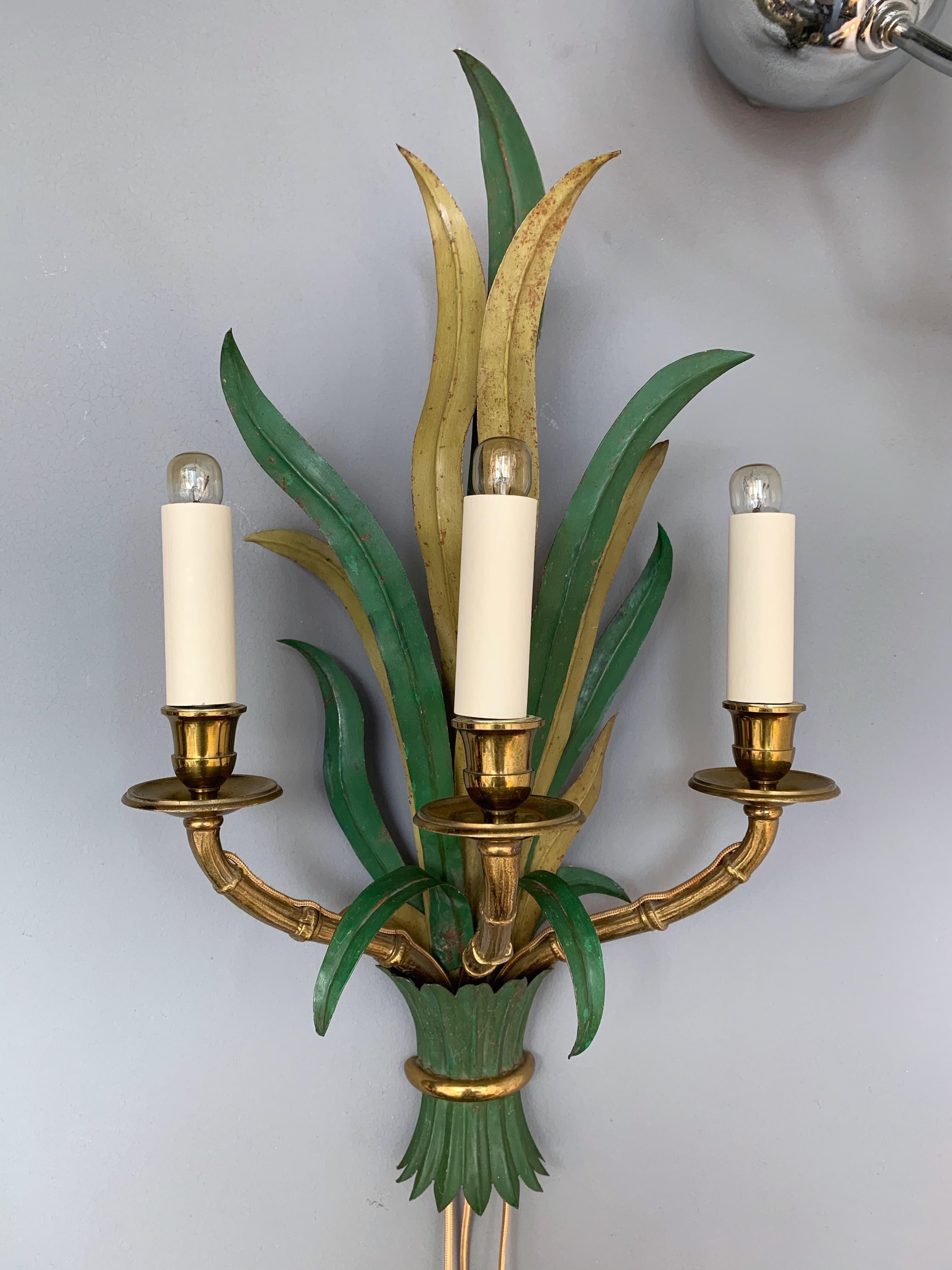 Late 20th Century Pair of Sconces Bamboo Palm Bronze by Maison Bagues, France, 1970s