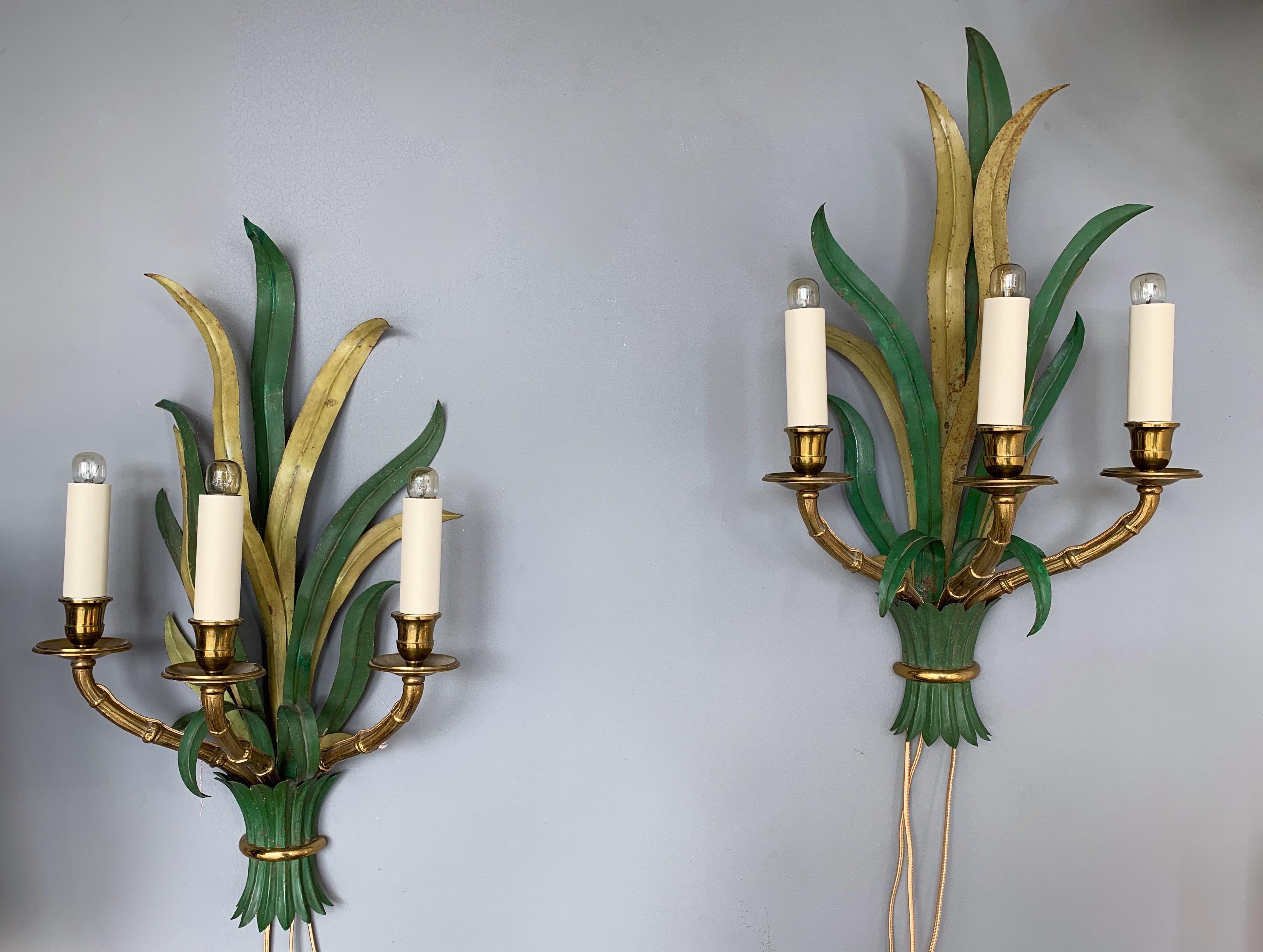 Brass Pair of Sconces Bamboo Palm Bronze by Maison Bagues, France, 1970s