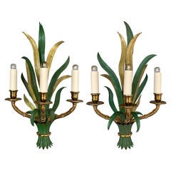 Pair of Sconces Bamboo Palm Bronze by Maison Bagues, France, 1970s