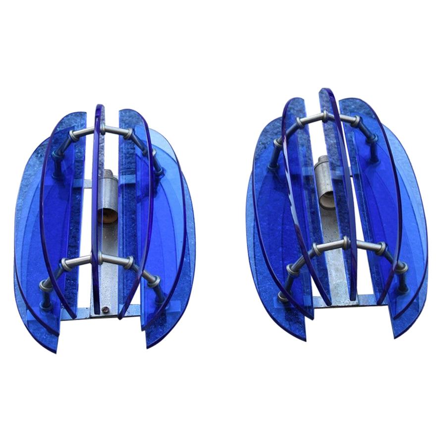 Pair of Sconces Blu Cobalt Midcentury Italian Design Veca Sculpture Murano Glass