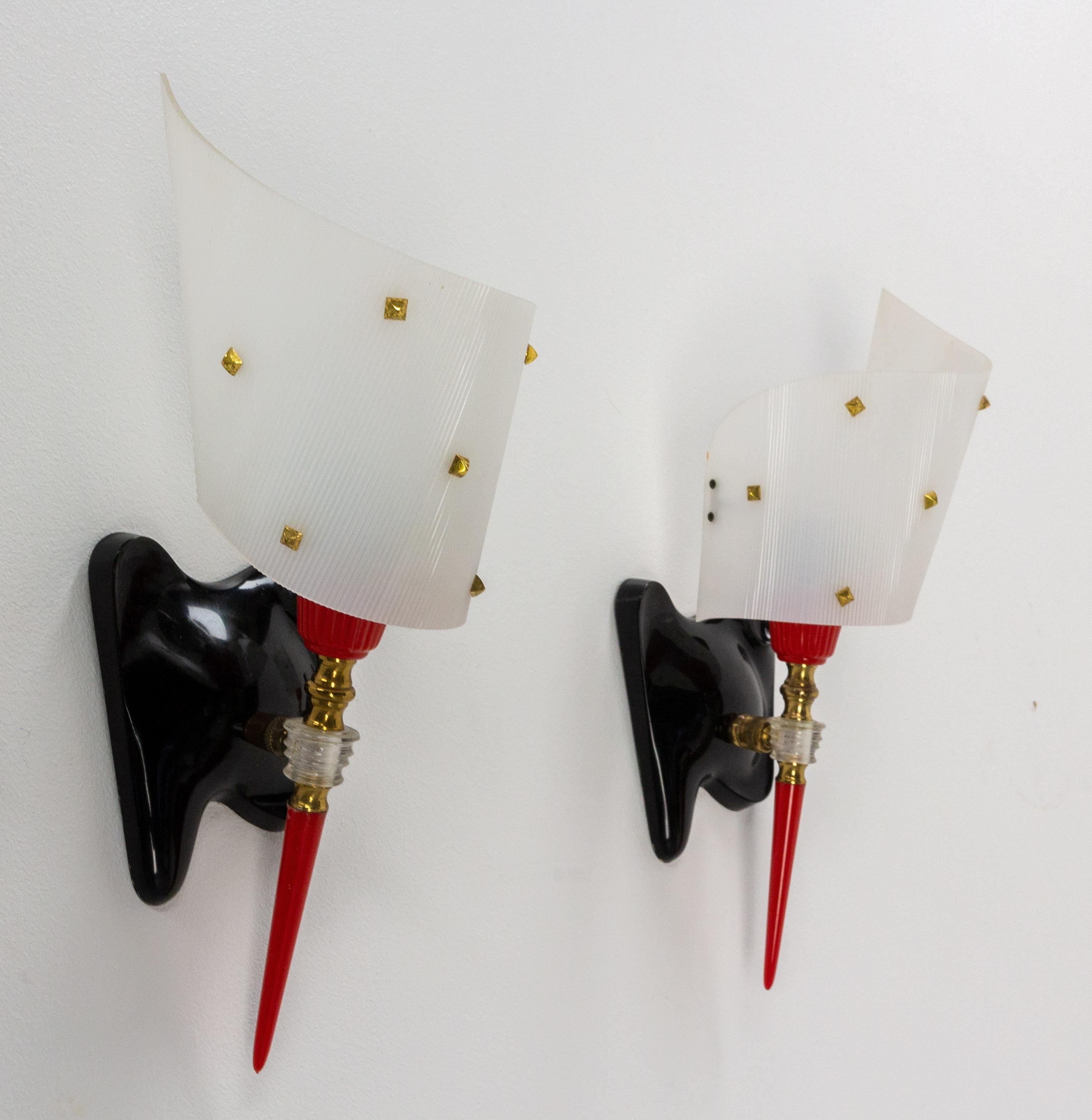 Pair of Sconces Brass and Acrylic Pierre Guariche Lights, French Mid-20thCentury For Sale 1