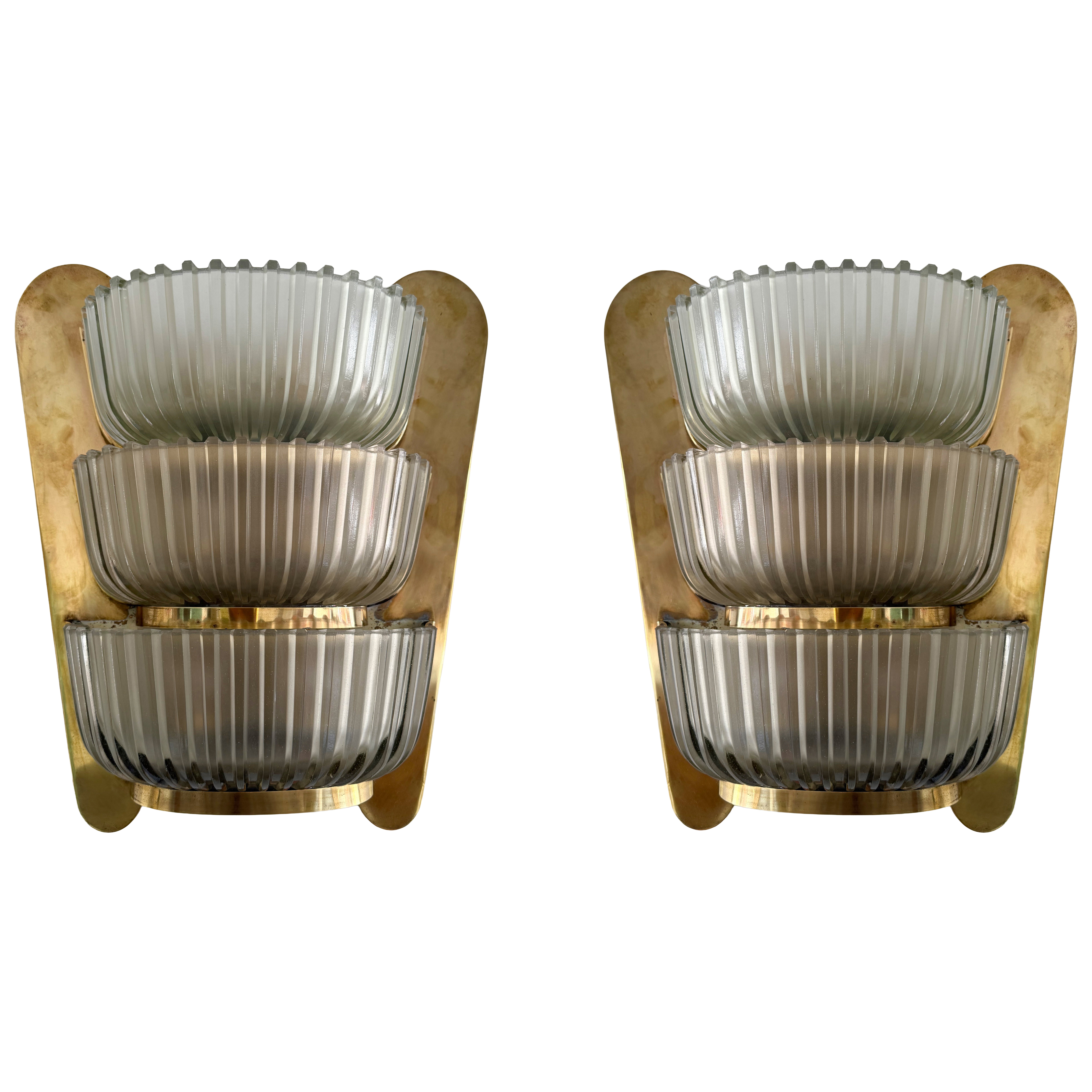 Pair of Sconces Brass and Glass by Seguso. Italy, 1940s For Sale
