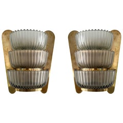 Pair of Sconces Brass and Glass by Seguso. Italy, 1940s