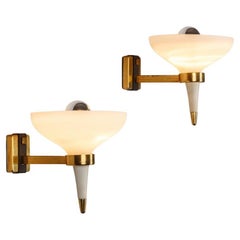 Pair of Sconces Brass and Glass Opaline Stilnovo Style 1950s