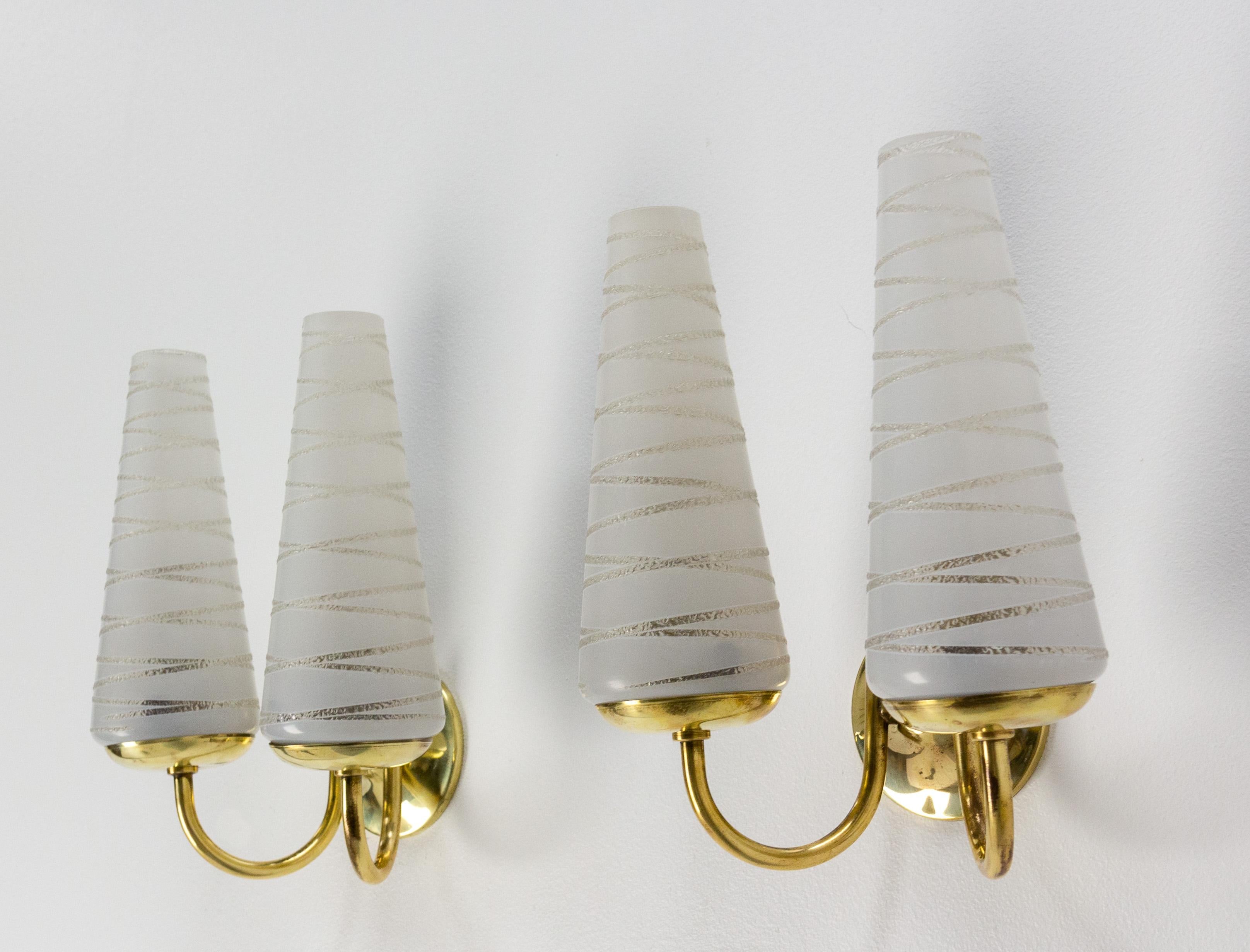 Mid-Century Modern Pair of Sconces Brass & Glass, circa 1960 For Sale
