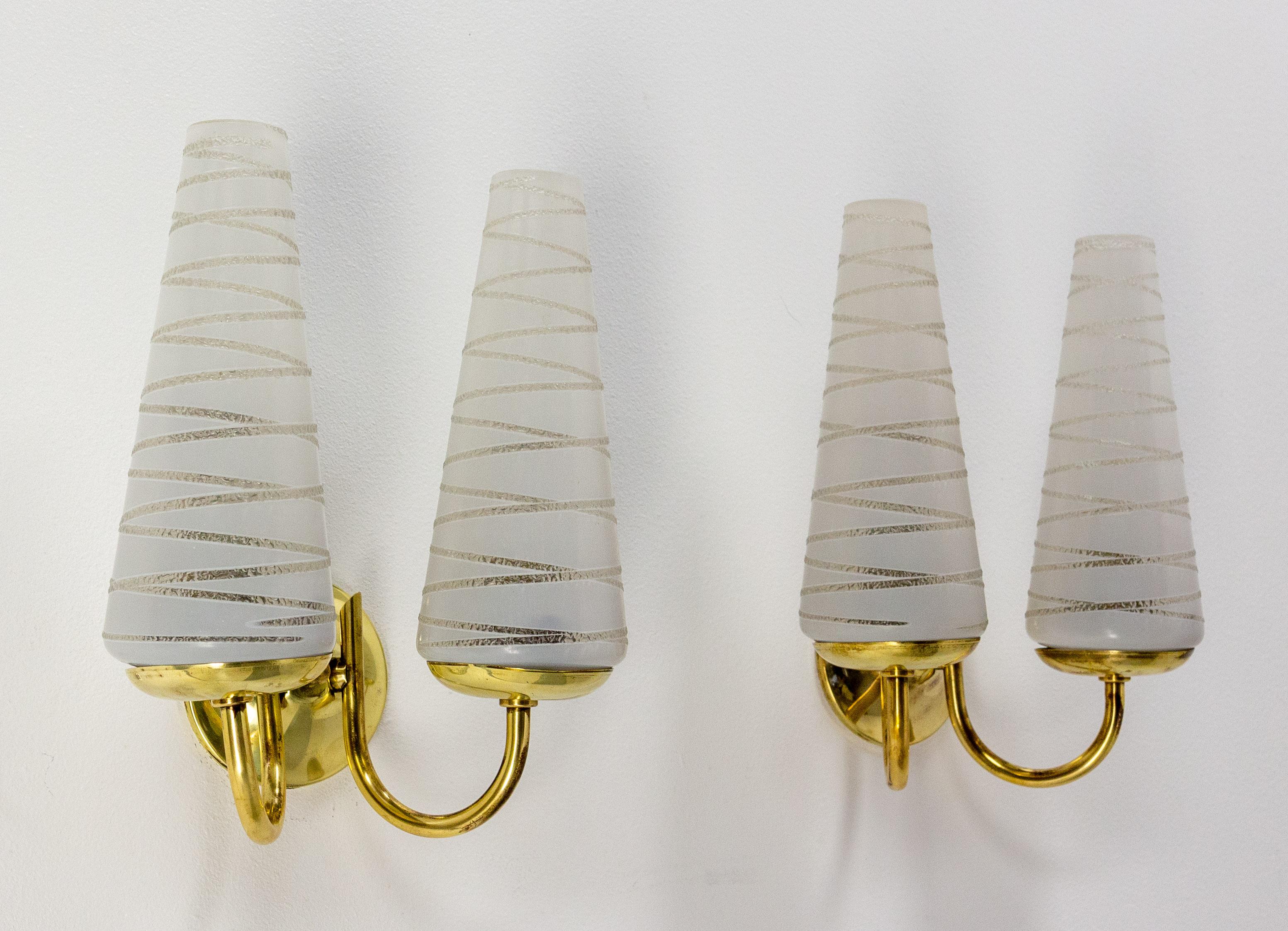 French Pair of Sconces Brass & Glass, circa 1960 For Sale