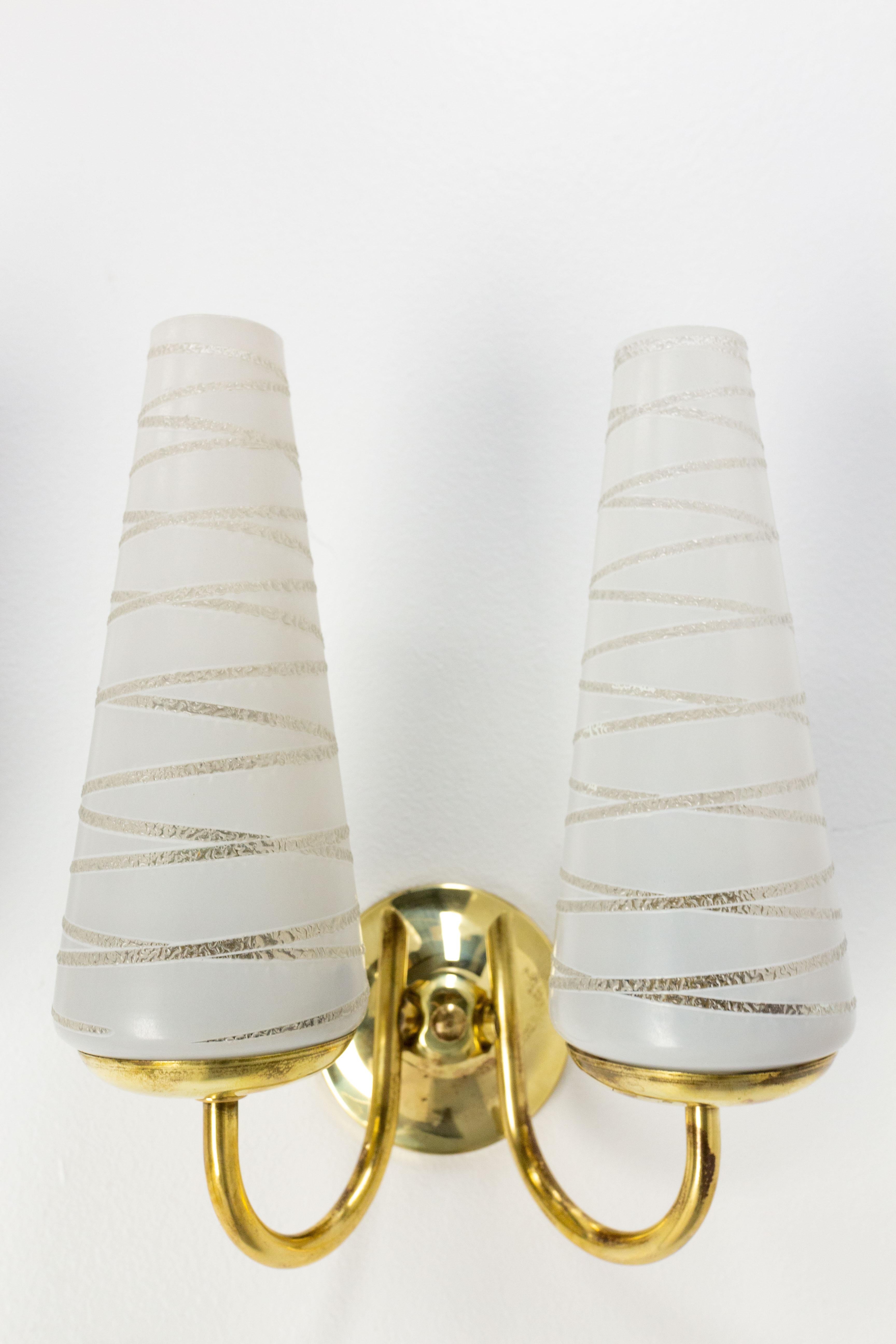 Mid-20th Century Pair of Sconces Brass & Glass, circa 1960 For Sale