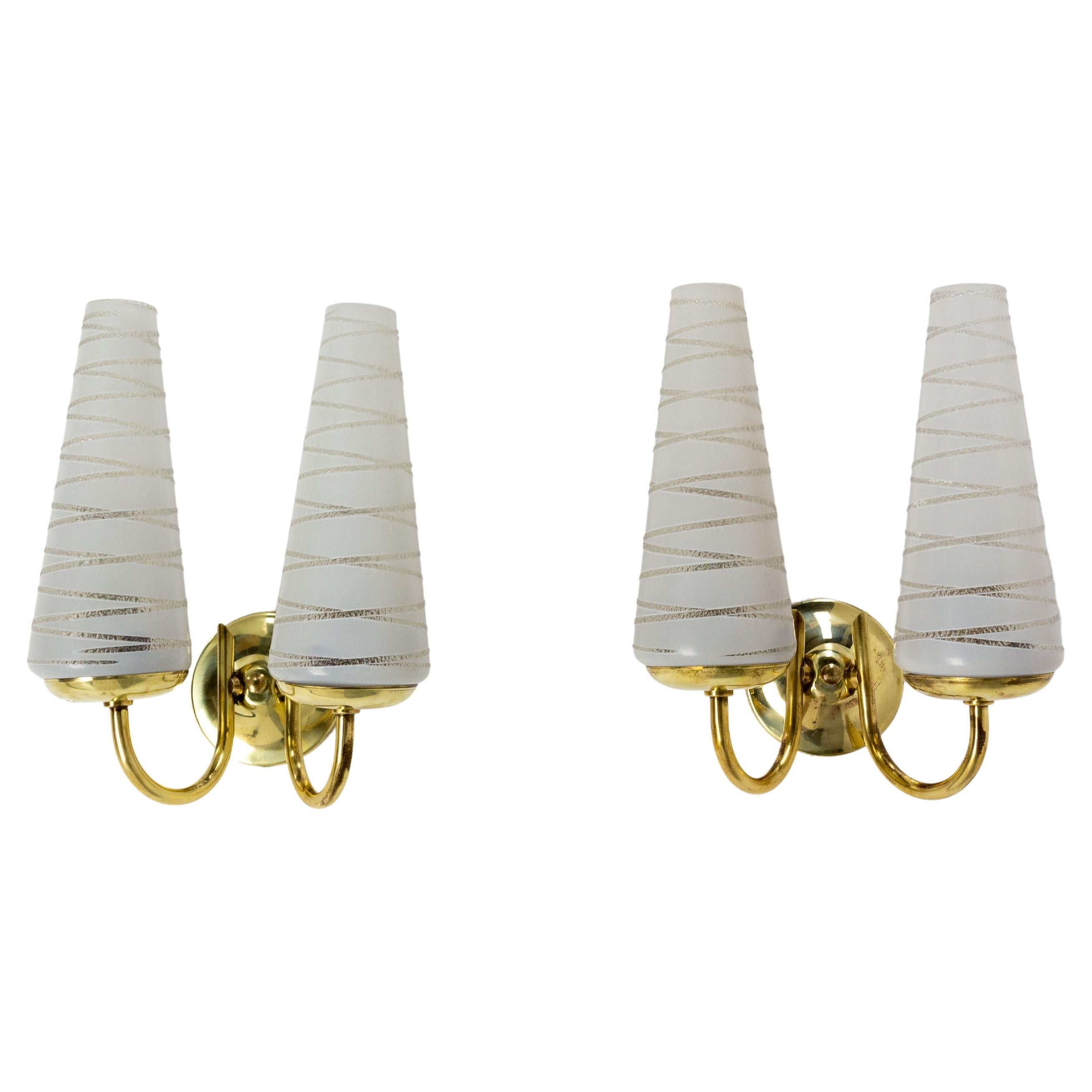 Pair of Sconces Brass & Glass, circa 1960 For Sale