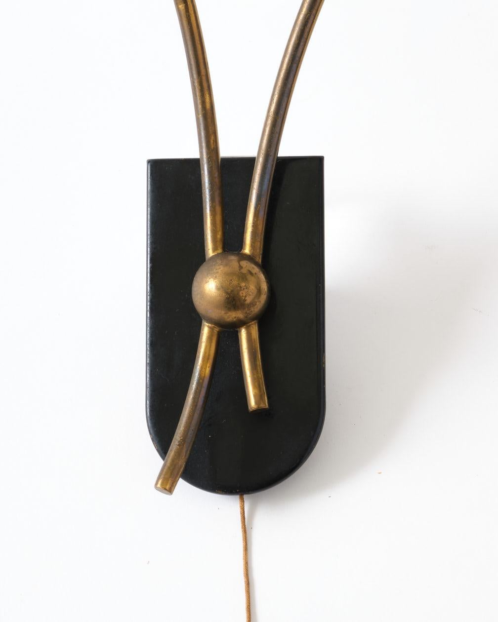 Mid-Century Modern Pair of Sconces, Brass with Black Metal Details, Bed Side Lamps, Italy, C 1950 For Sale