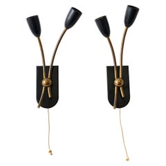 Pair of Sconces, Brass with Black Metal Shades, Pull String, Italy, 1950, Pair