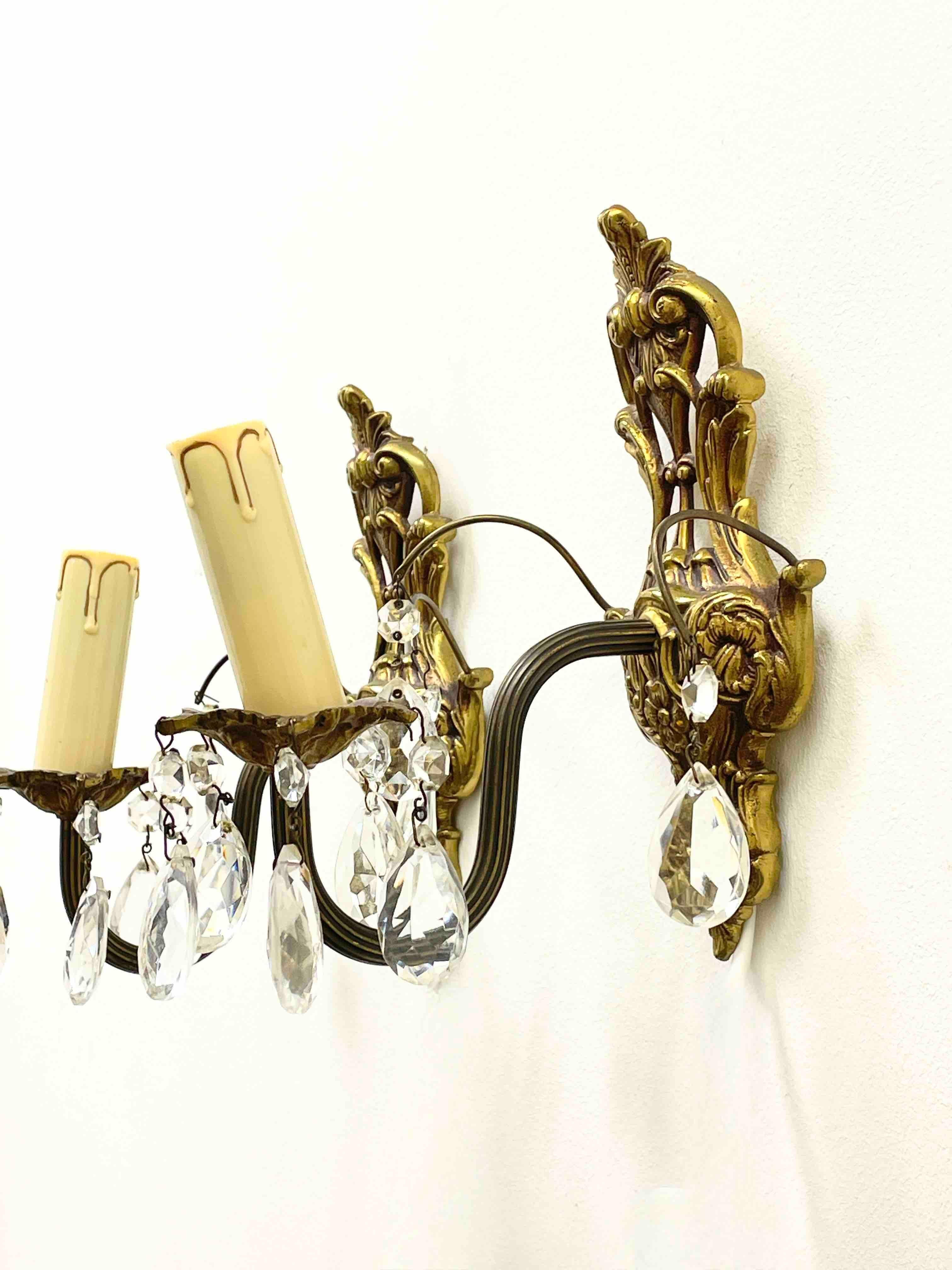 Hollywood Regency Pair of Sconces Bronze and Crystal Glass, Sweden, 1950s For Sale