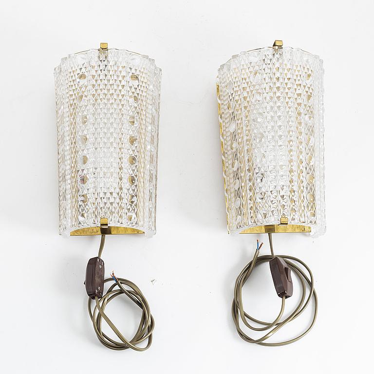 Swedish Pair of Sconces by Carl Fagerlund for Orrefors Glass and Brass, Sweden, 1960 For Sale