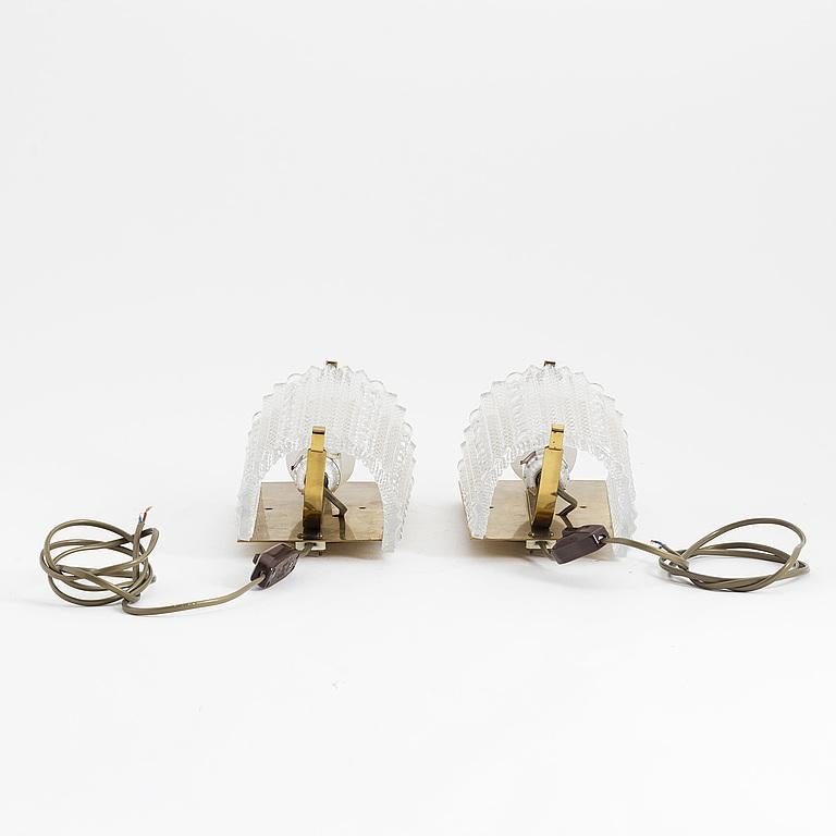 20th Century Pair of Sconces by Carl Fagerlund for Orrefors Glass and Brass, Sweden, 1960 For Sale