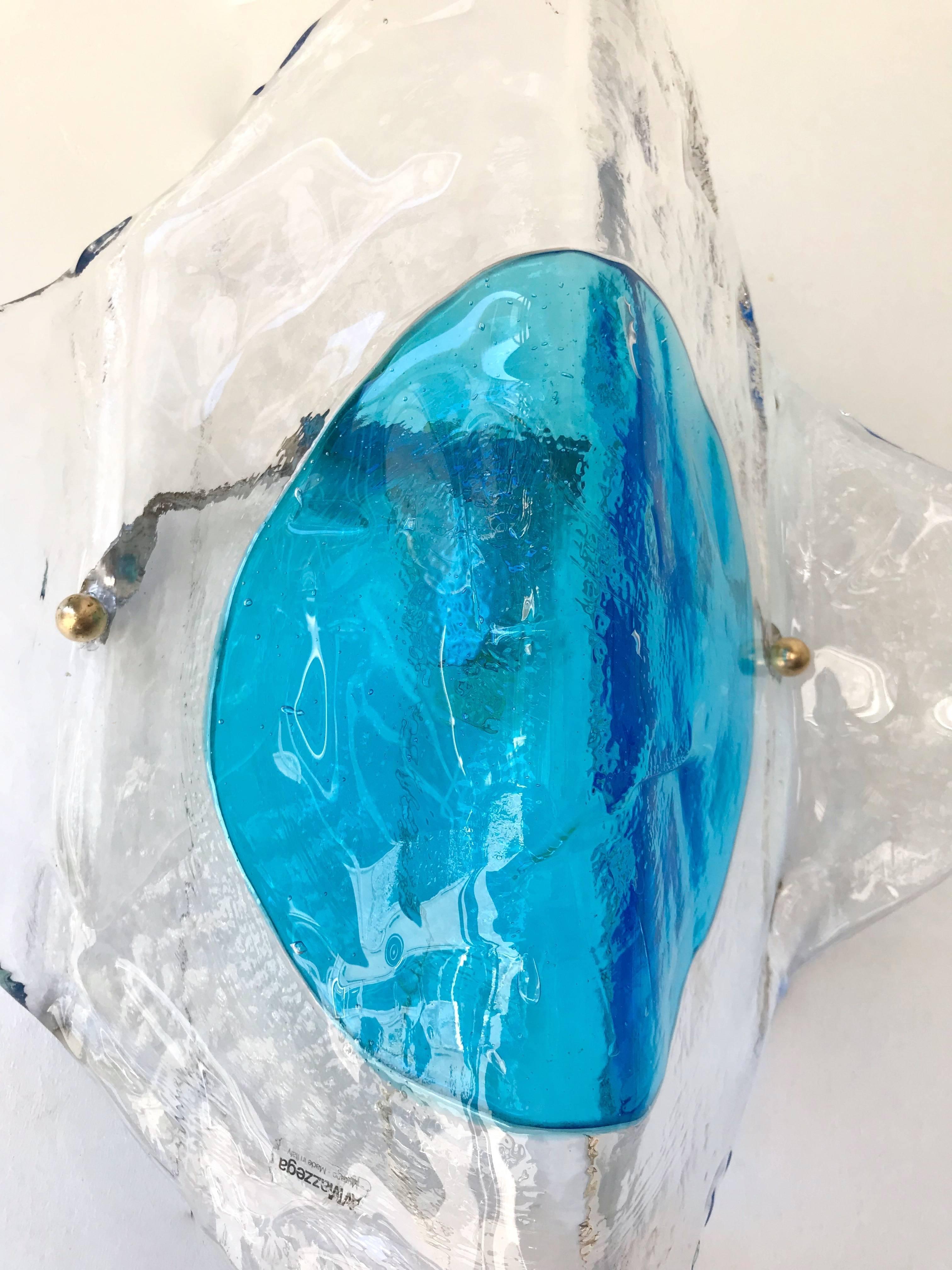 Rare blue version of this model of sconces or wall lights by Carlo Nason for the manufacture Mazzega. High Murano glass quality. Famous manufacture like Venini, Vistosi, La Murrina, VeArt, Aldo Nason.