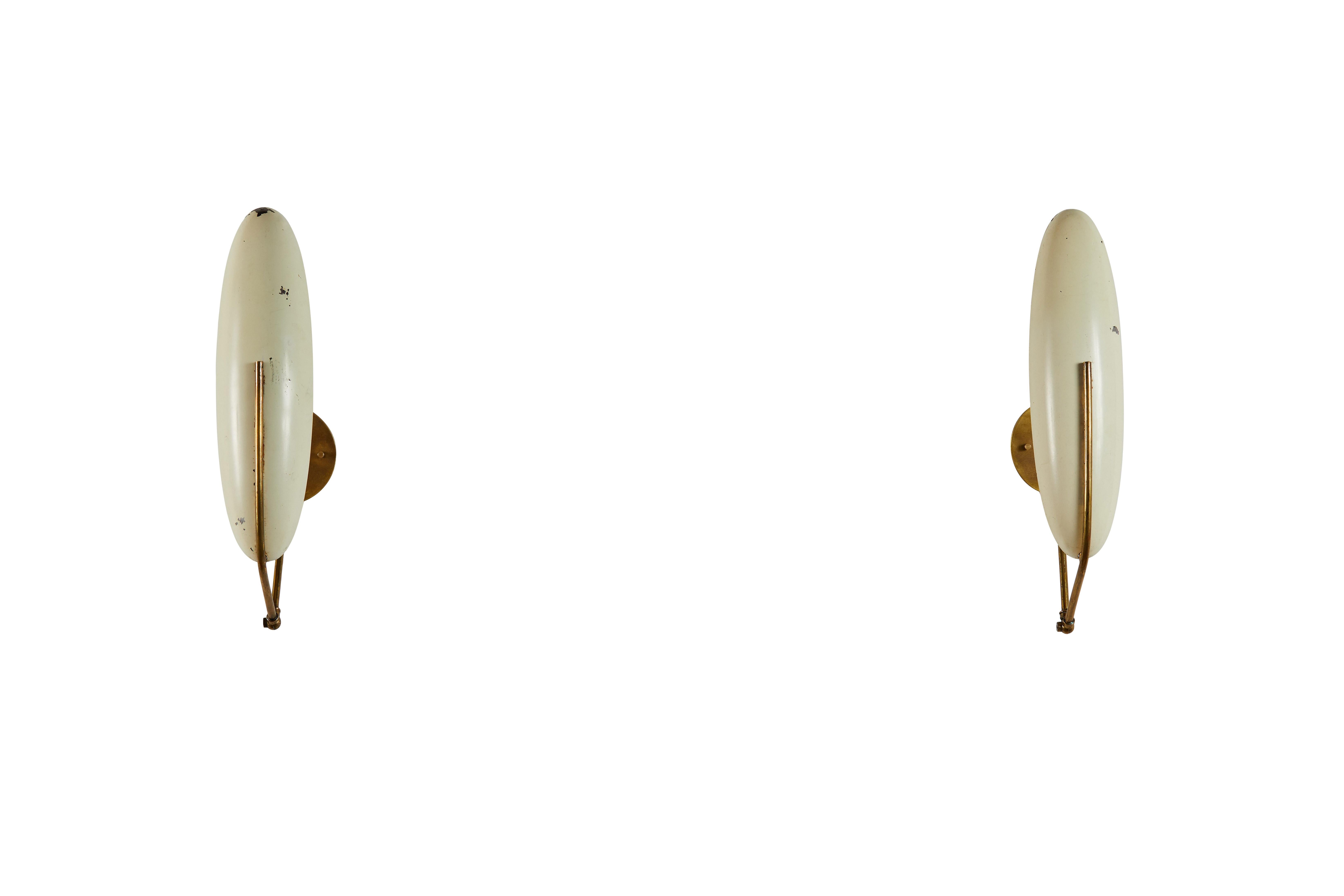 Pair of Sconces by Gilardi & Barzaghi. Designed and manufactured in Italy, circa 1950s. Enameled metal and brass. Rewired for U.S. junction boxes. Custom brass backplates. Each light takes one E27 50w maximum bulb. Bulbs provided as a onetime