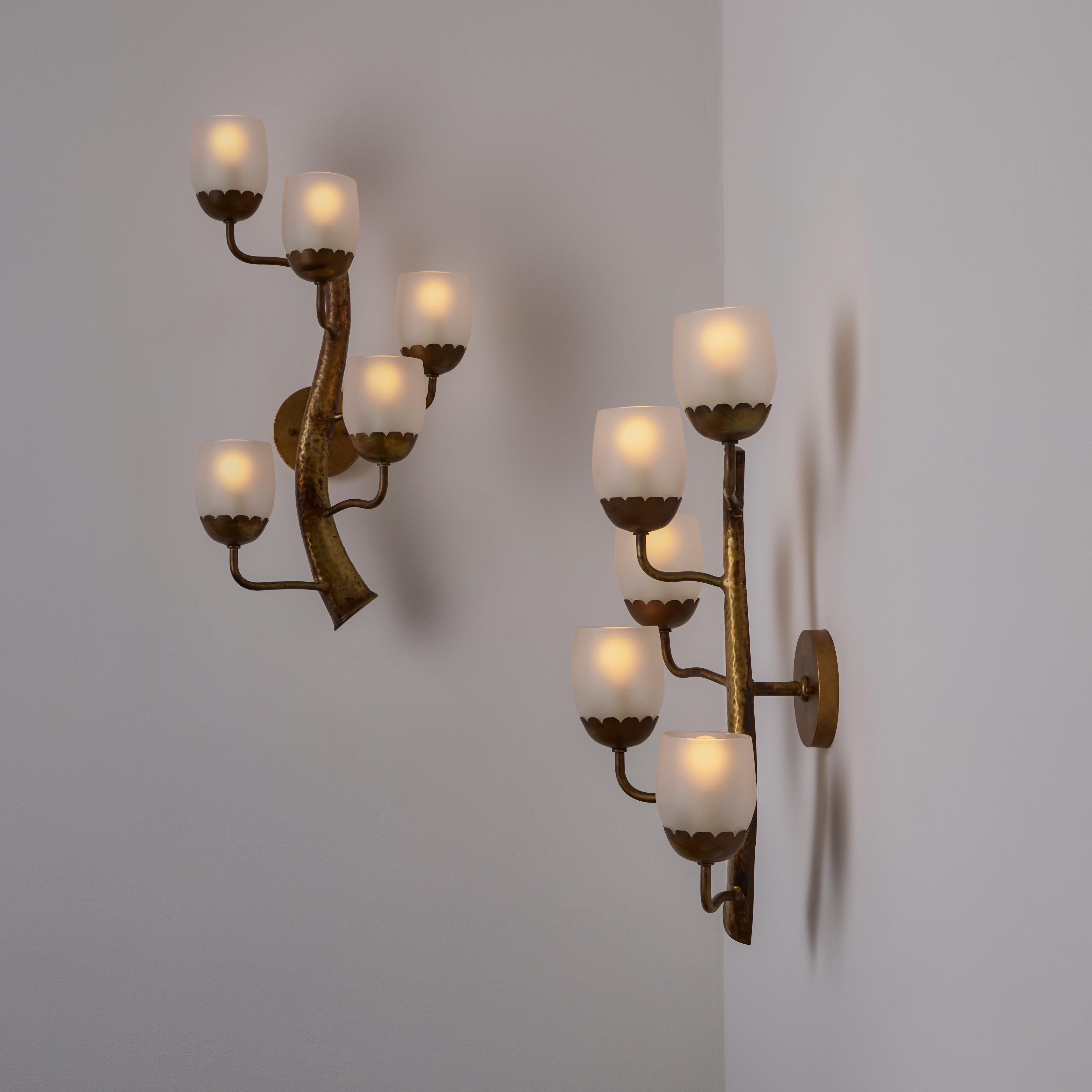 Pair of Sconces by Luigi Fontana. Designed and manufactured in Italy, circa the 1940s. Five etched glass cups cascade through a stamped copper/brass branch. Each cup holds a single e14 socket-type, adapted for the US. We recommend a 25-40w max bulb