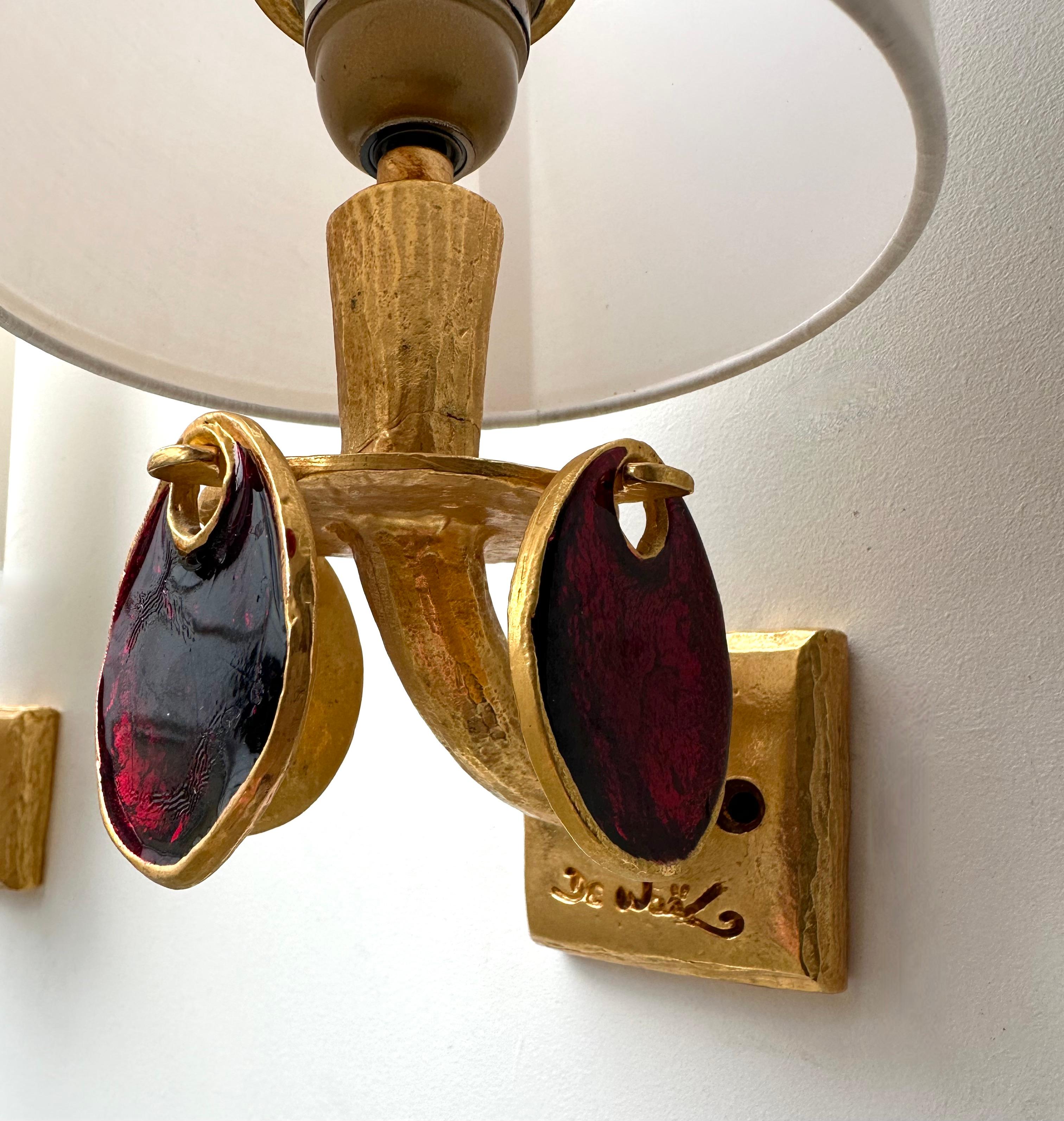 Pair of wall lights lamps sconces in gilt metal bronze style and enamel by Nicolas Dewael for Fondica. the sconces come with the original special brass screws. Sign Dewael. Famous artist who have worked for the manufacture like Pierre Casenove,