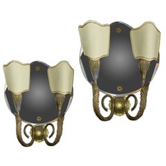 Pair of Sconces Elegant Brass and Glass Italian Midcentury Design, 1950