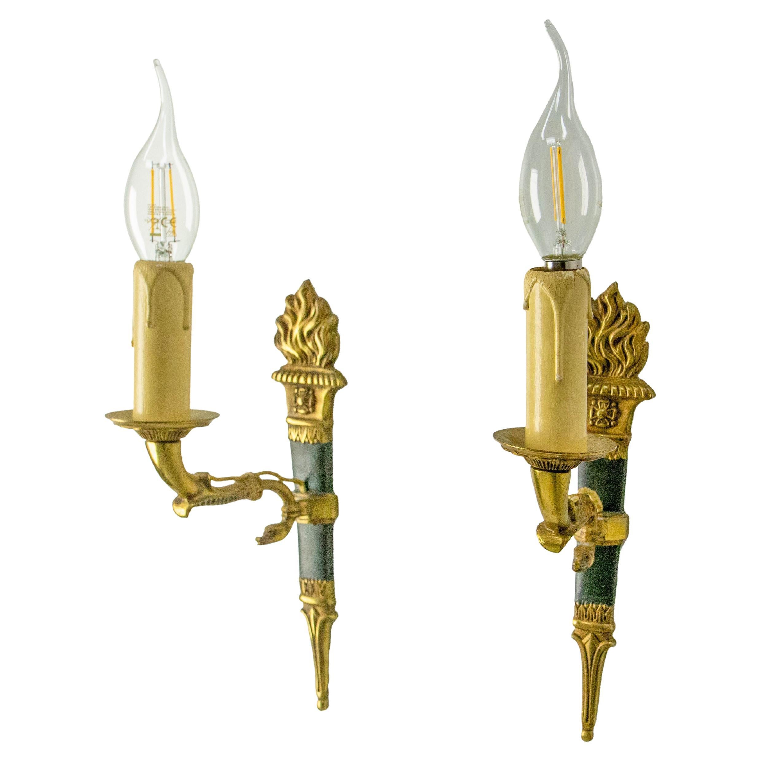 Pair of Sconces Empire Style Deep Green with Torch and Swan circa 1960 France For Sale