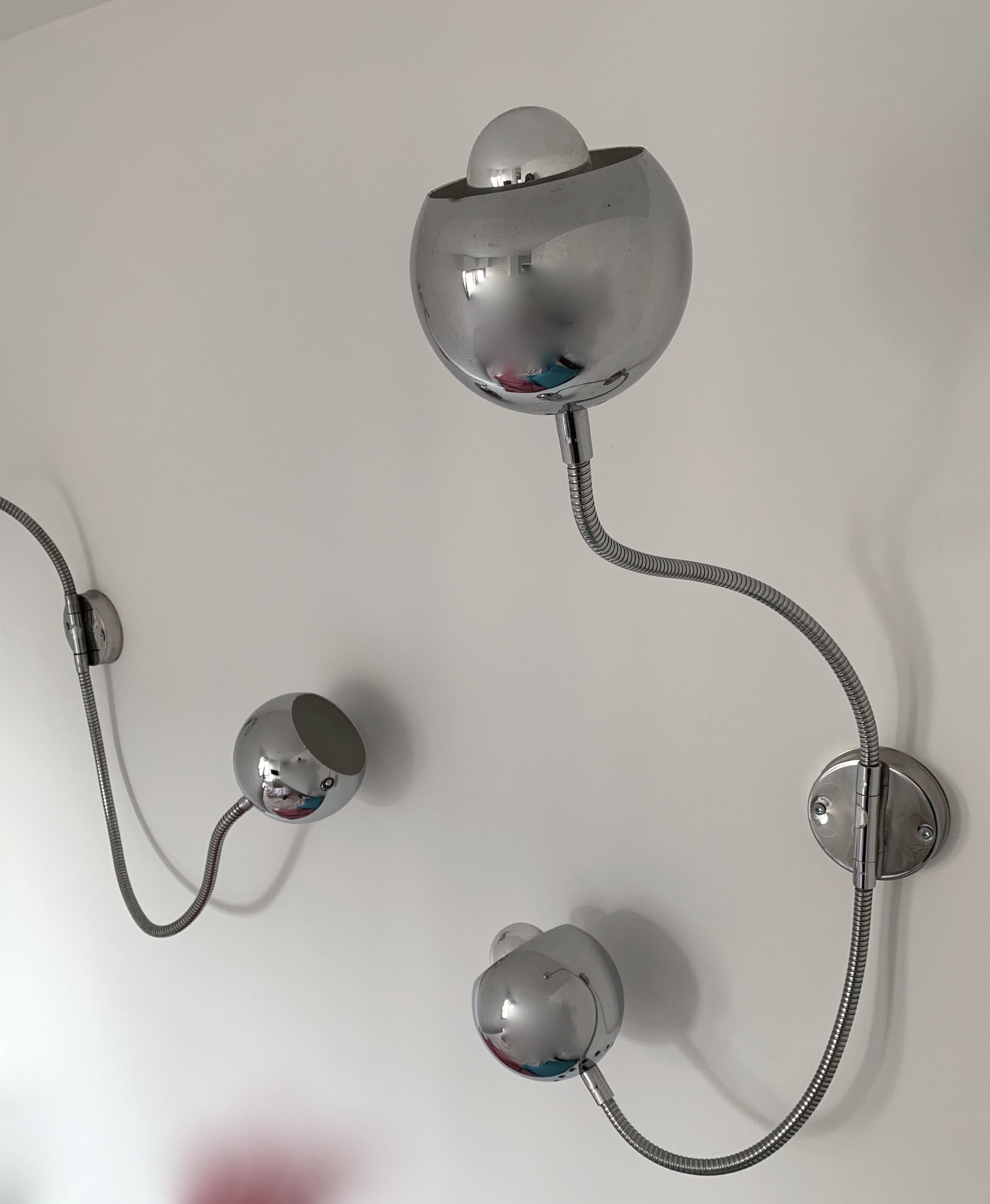 Space Age Pair of Sconces Eyes Ball Metal Chrome by Reggiani, Italy, 1970s For Sale