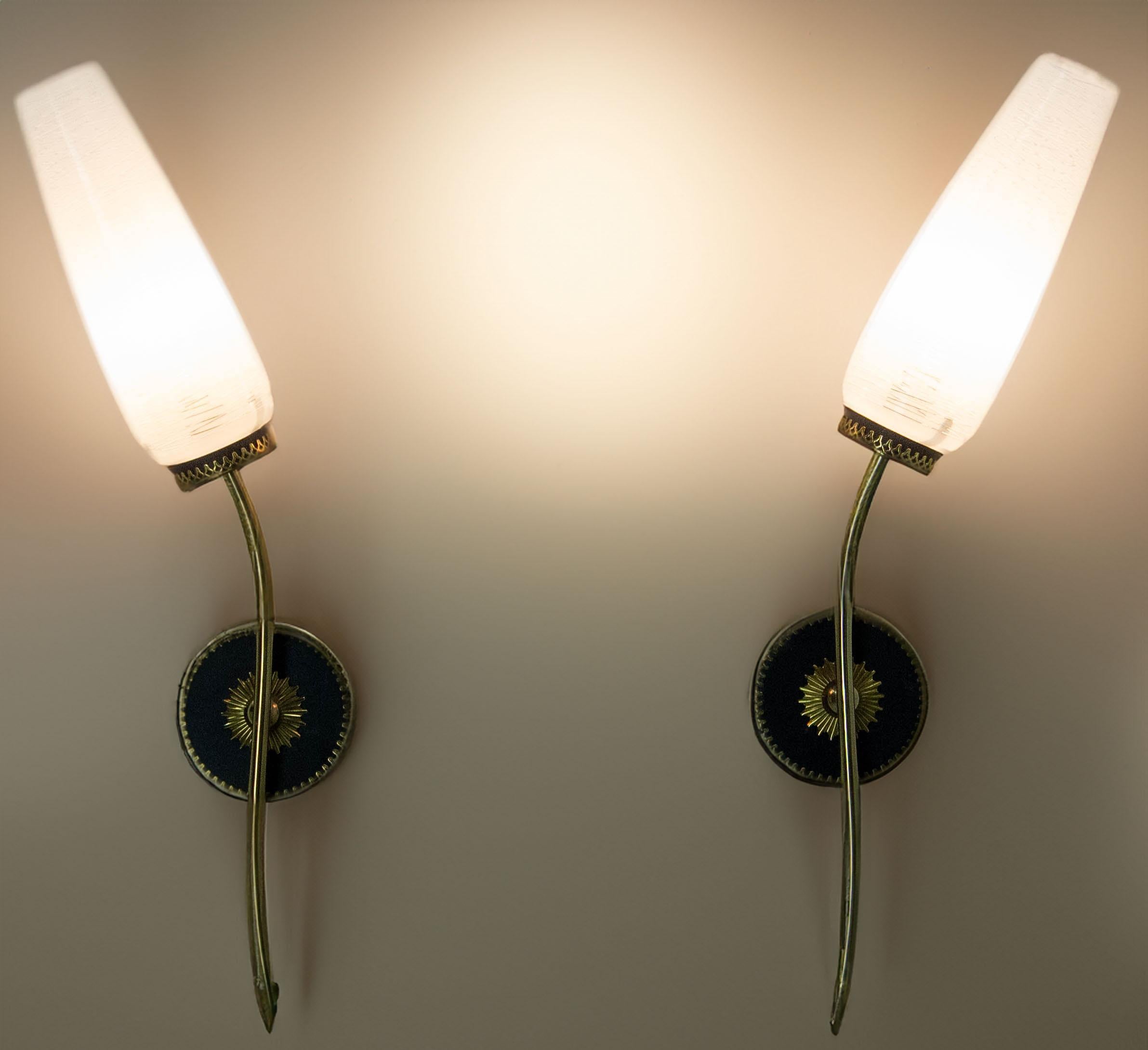 Pair of Sconces Frozen Glass Black & Golden Chrome circa 1960 Arlus Style France For Sale 6