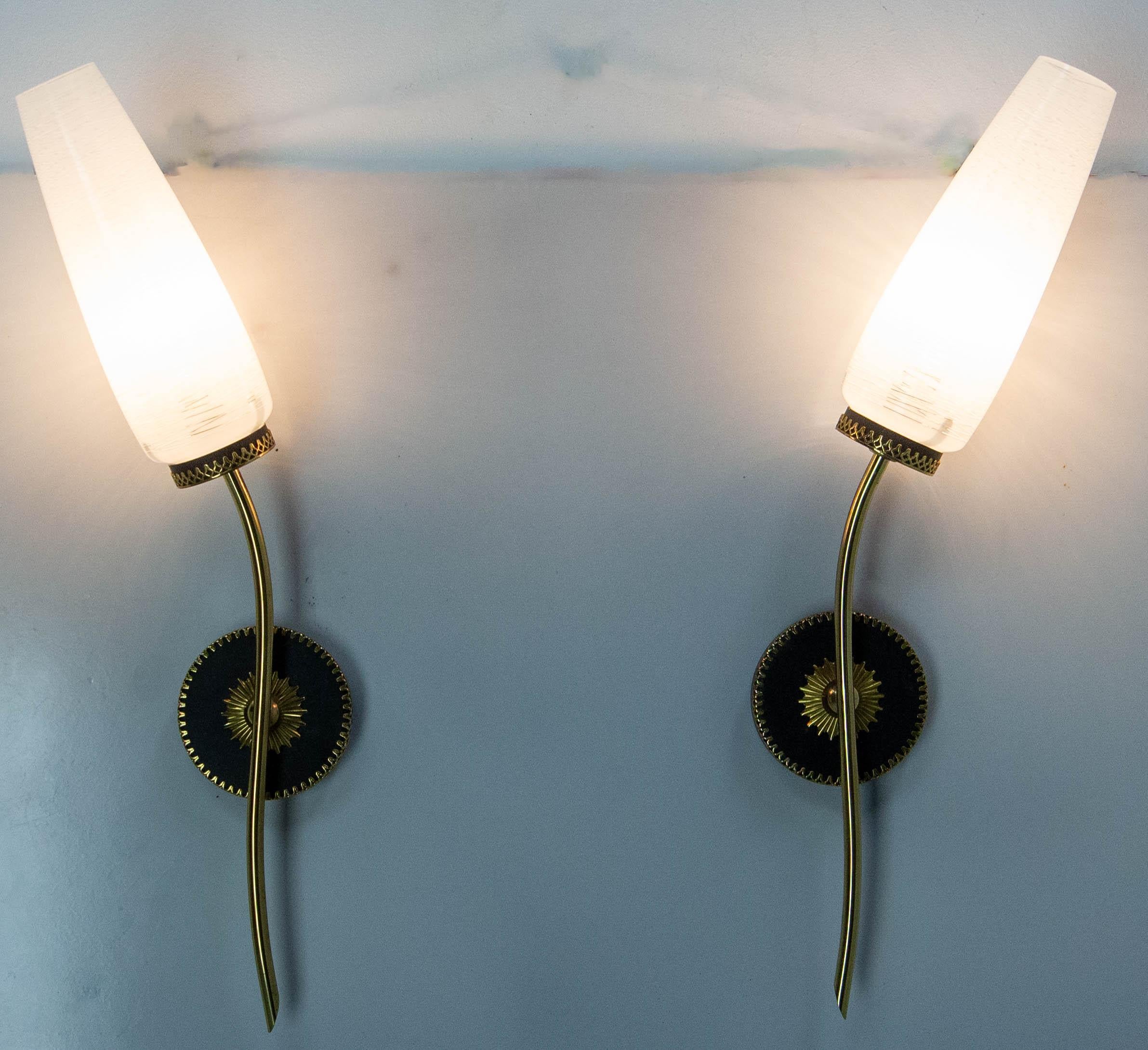 French Pair of Sconces Frozen Glass Black & Golden Chrome circa 1960 Arlus Style France For Sale