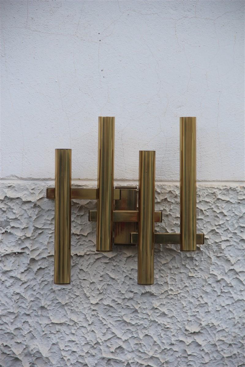 Pair of Sconces Geometric Gold Brass Italian Design 1970s Modernist Shape 2