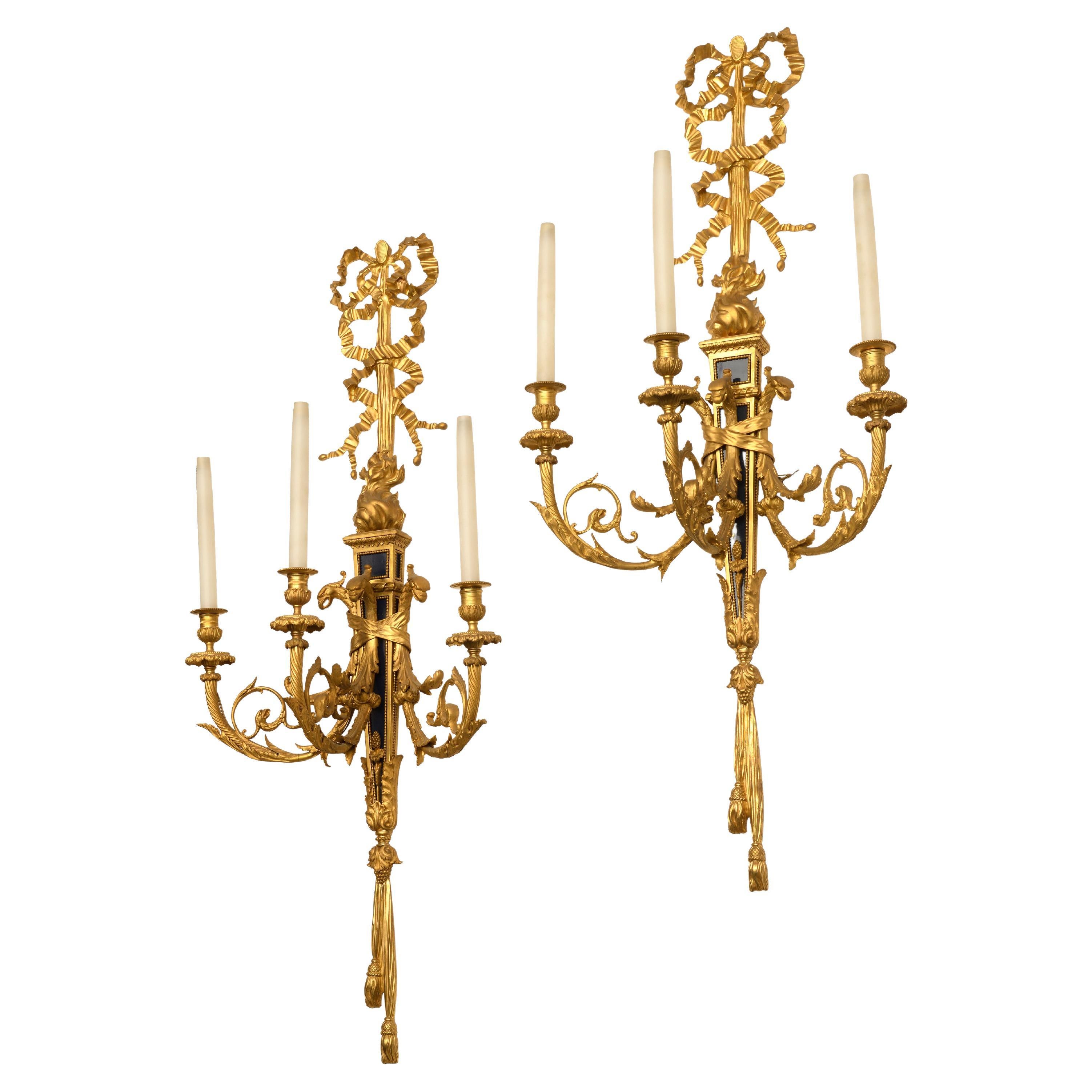 Pair of Sconces Gilt Bronze 3 Lights For Sale