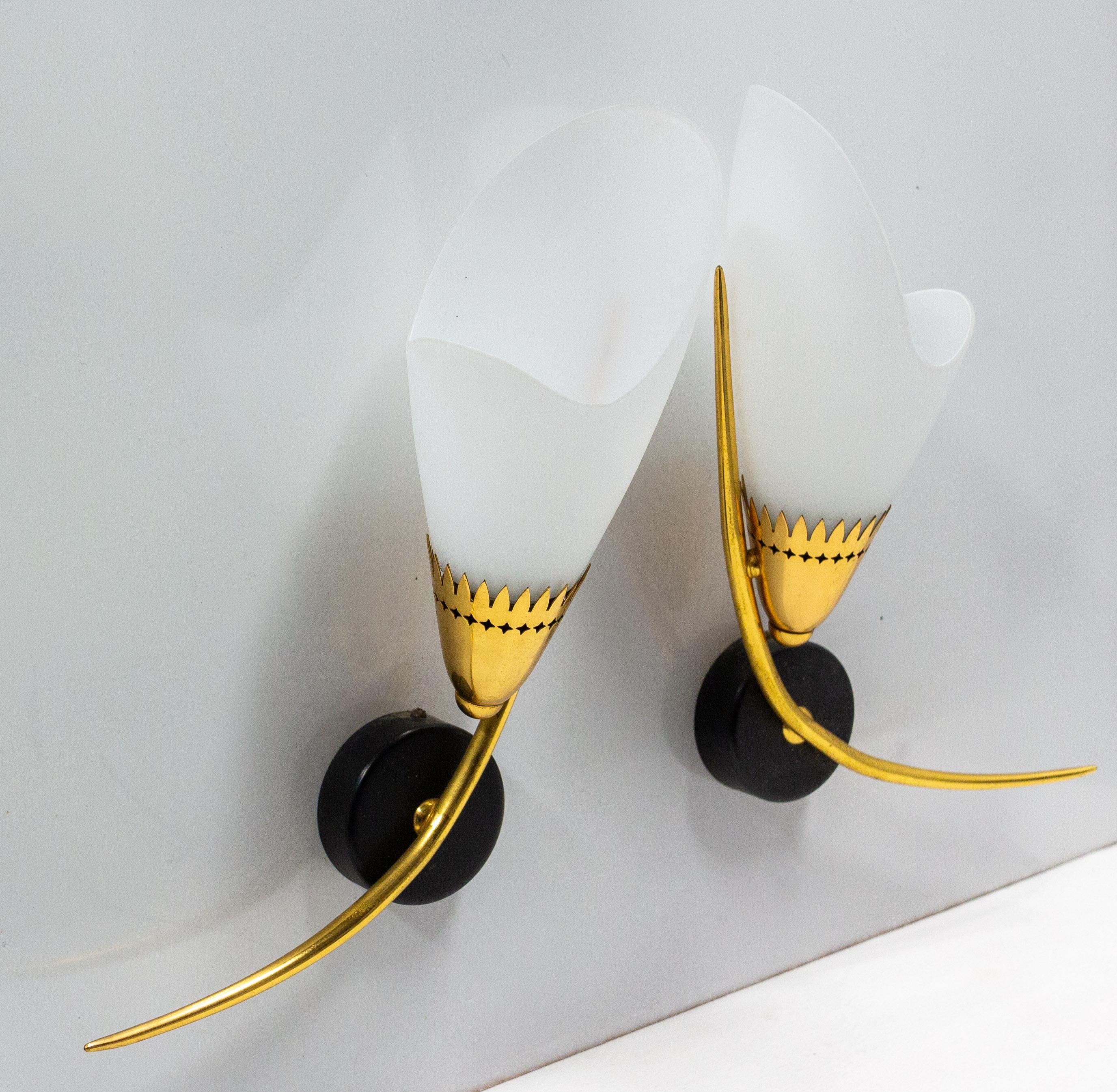 Mid-Century Modern Pair of Sconces Glass Black & Golden Chrome, circa 1960, Arlus France