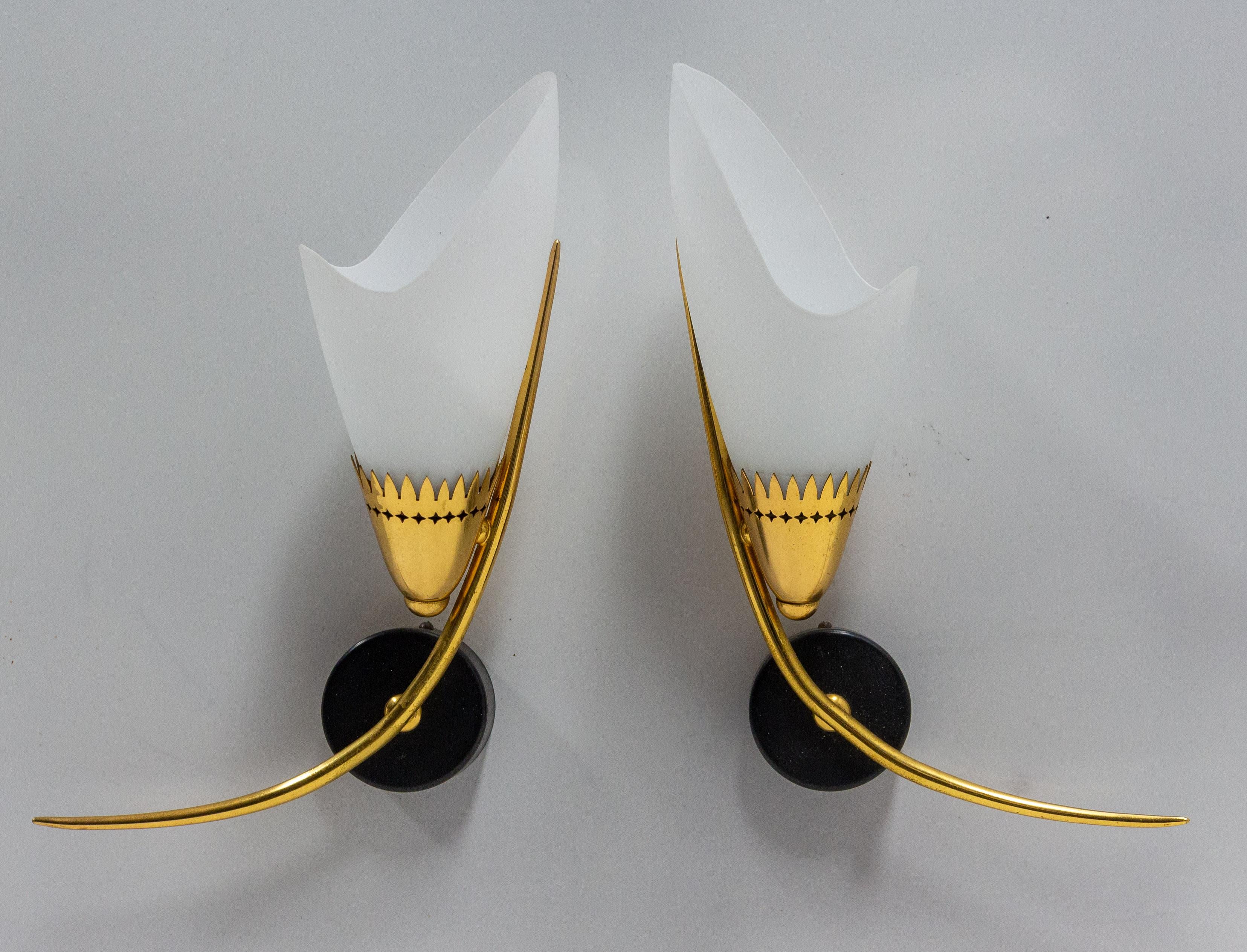 Pair of Sconces Glass Black & Golden Chrome, circa 1960, Arlus France In Good Condition In Labrit, Landes