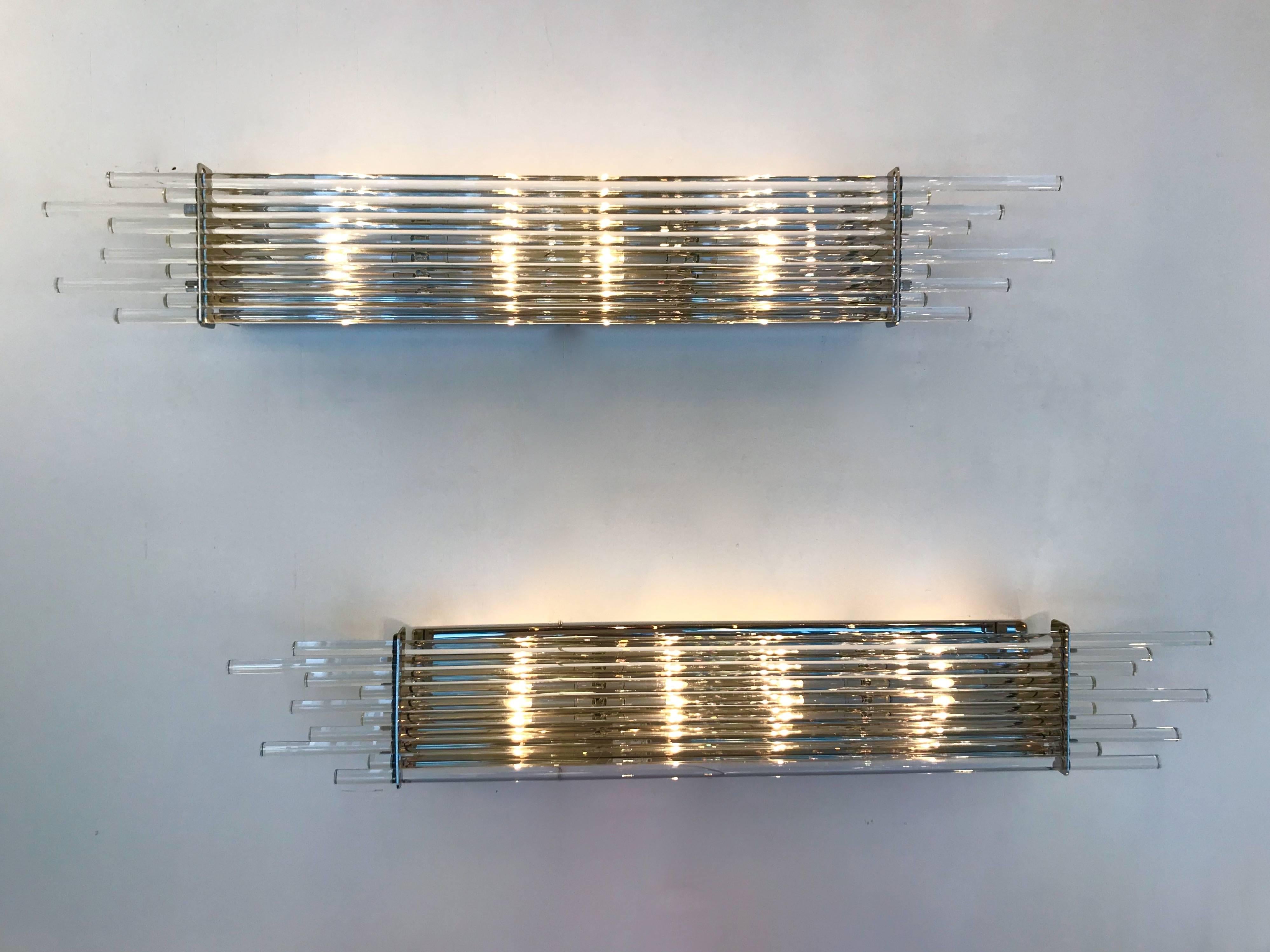 Metal Pair of Sconces Glass Rods and Chrome by Vistosi Murano, Italy, 1990s For Sale