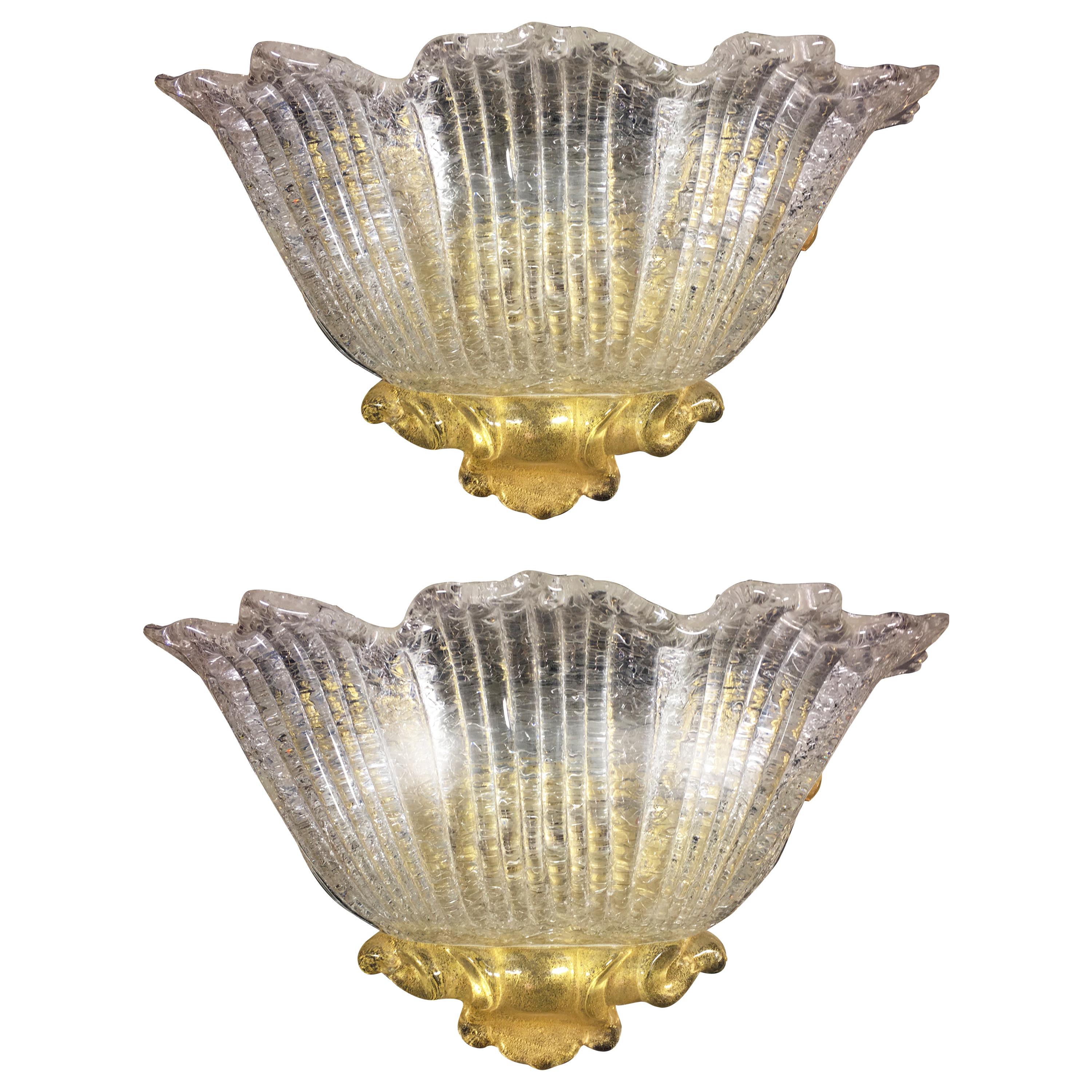 Coppia di lampade a incasso in oro stile Barovier & Toso, Murano, 1980 in vendita