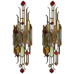 Pair of Sconces Hammered Glass by Longobard, Italy, 1970s