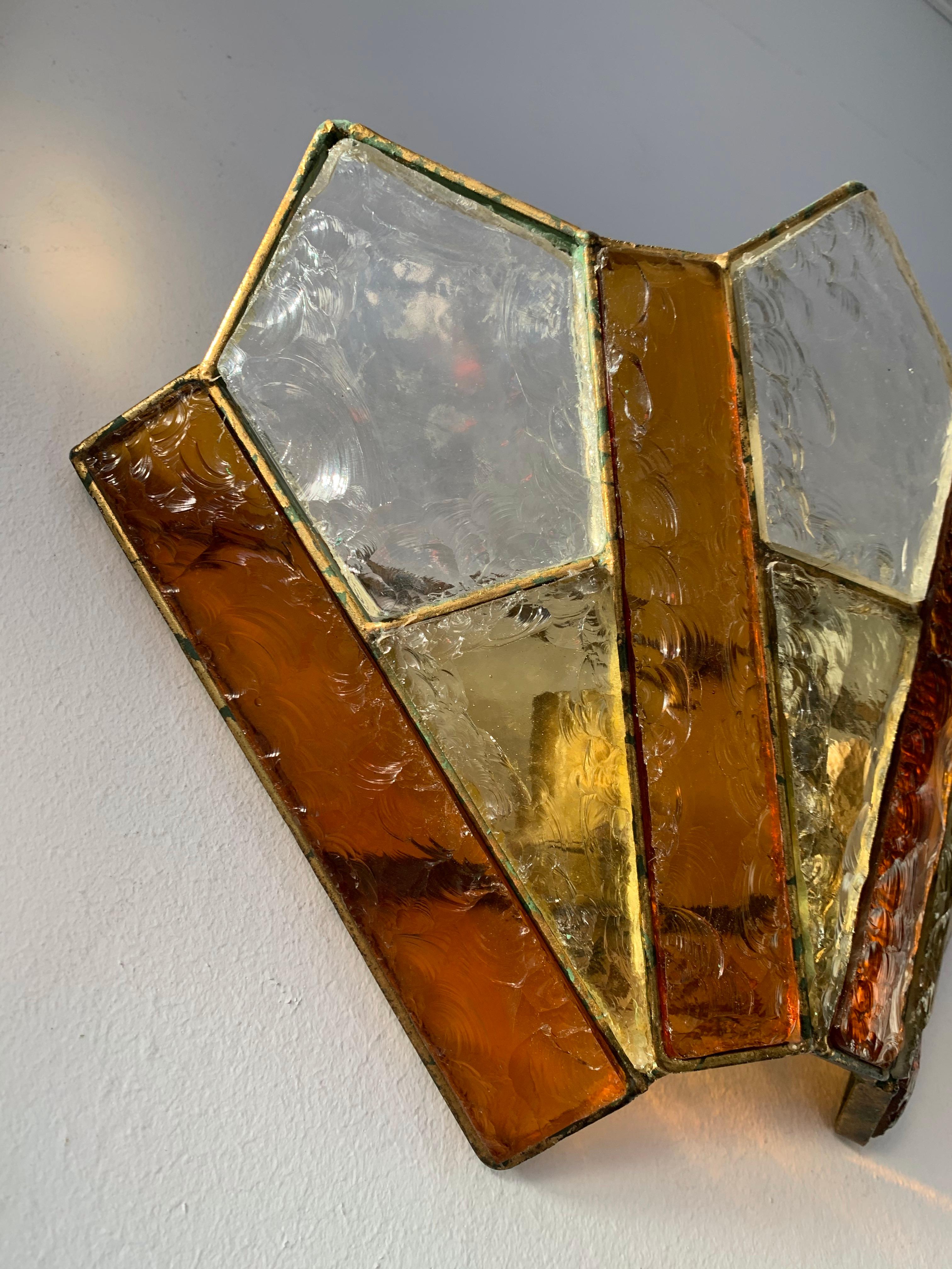 Pair of Sconces Hammered Glass Gold Wrought Iron by Longobard, Italy, 1970s 5