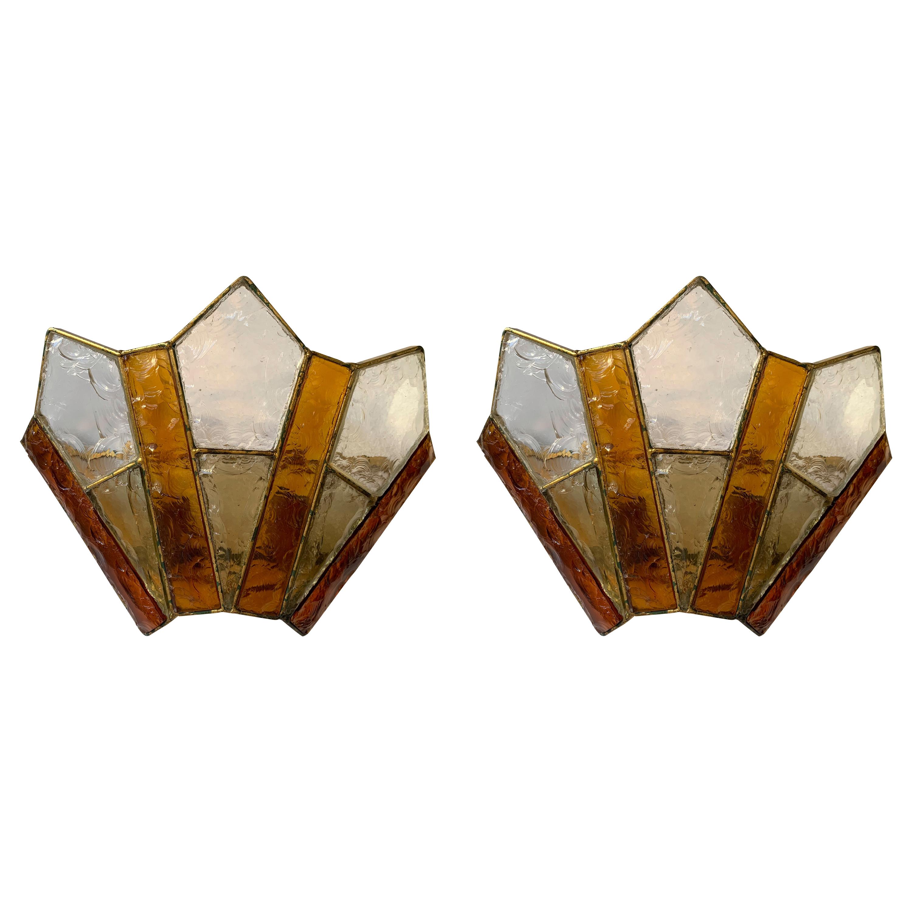 Pair of Sconces Hammered Glass Gold Wrought Iron by Longobard, Italy, 1970s