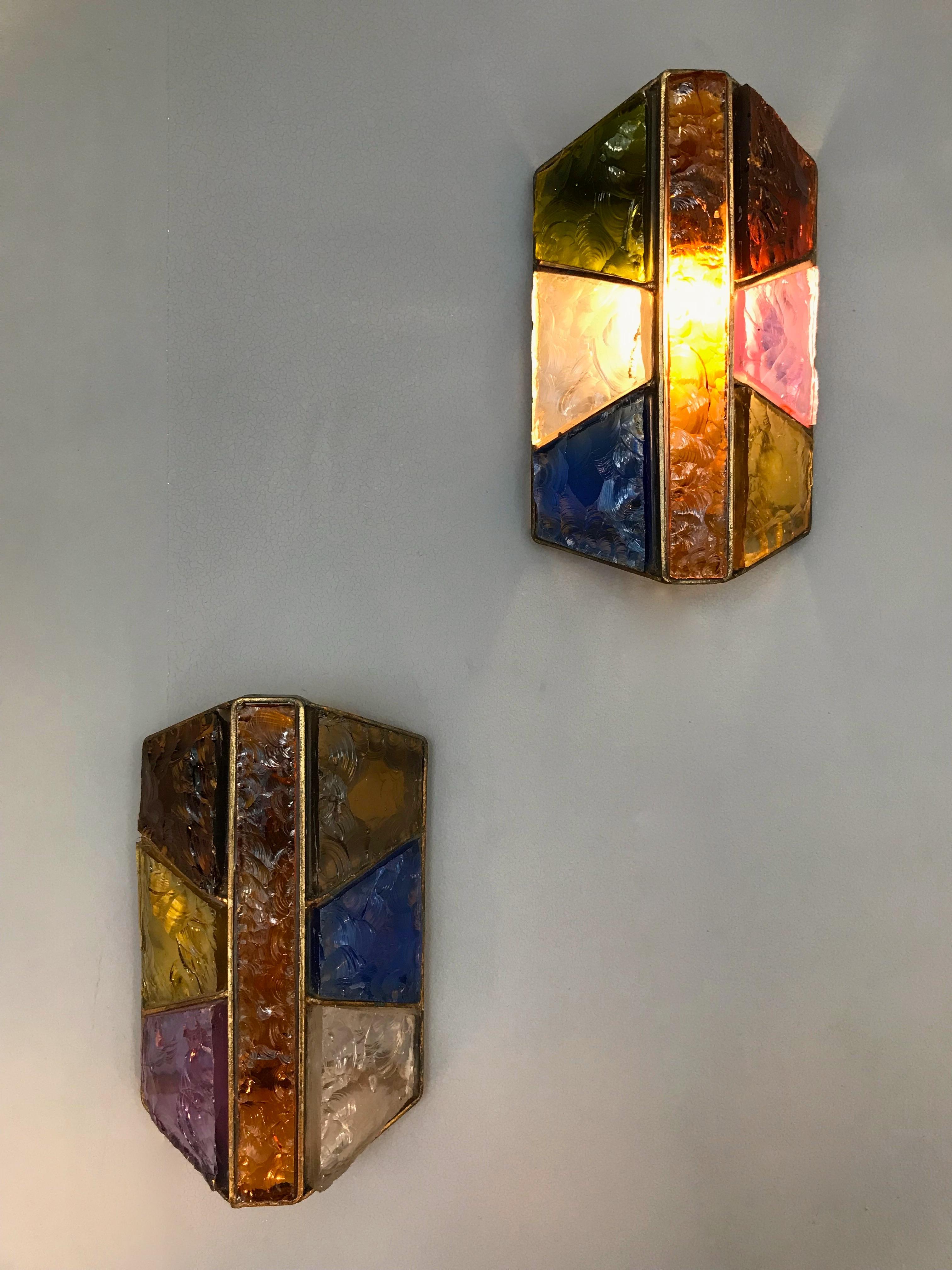 Pair of Sconces Hammered Glass Metal Gold Leaf by Longobard, Italy, 1970s In Good Condition In SAINT-OUEN, FR