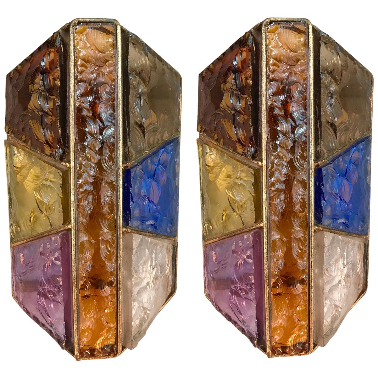 Pair of Sconces Hammered Glass Metal Gold Leaf by Longobard, Italy, 1970s