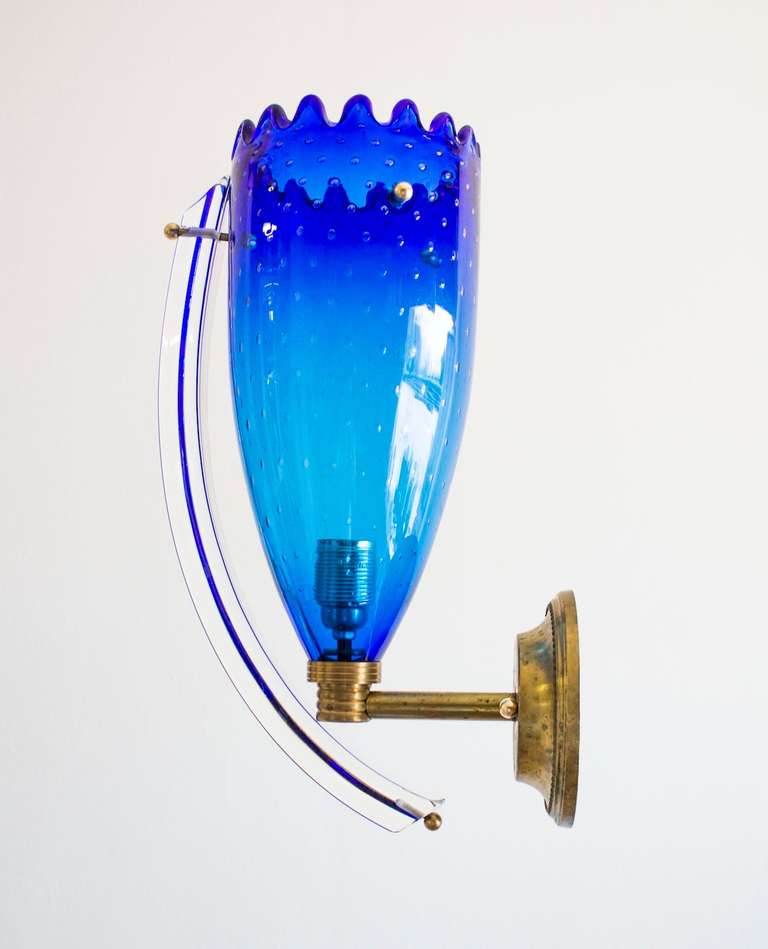 Hand-Crafted Pair of Sconces in blue color Blown Murano Glass, 1960s, Italy For Sale