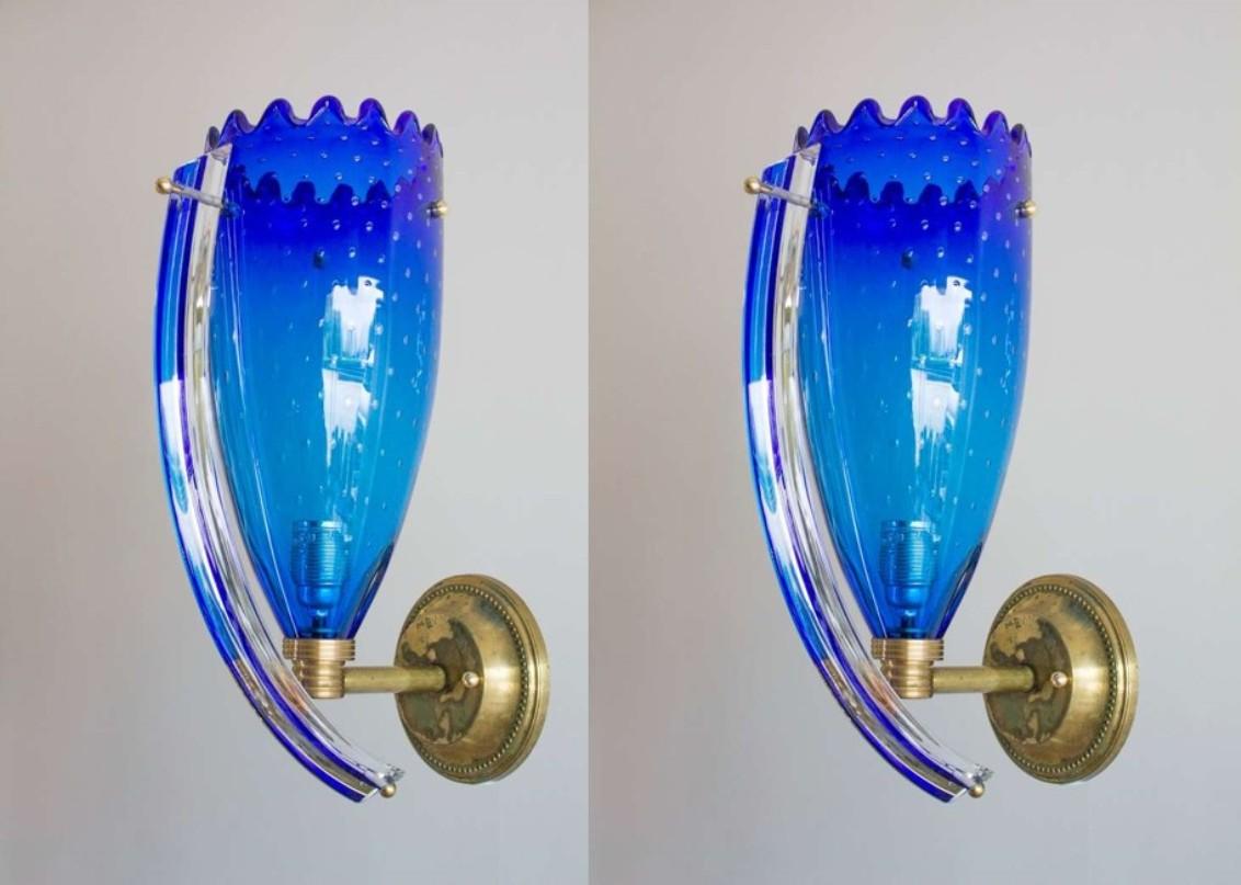 Pair of Sconces in blue color Blown Murano Glass, 1960s, Italy For Sale 1