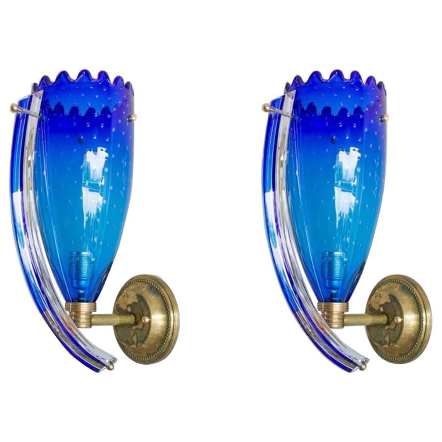 Pair of Sconces in blue color Blown Murano Glass, 1960s, Italy