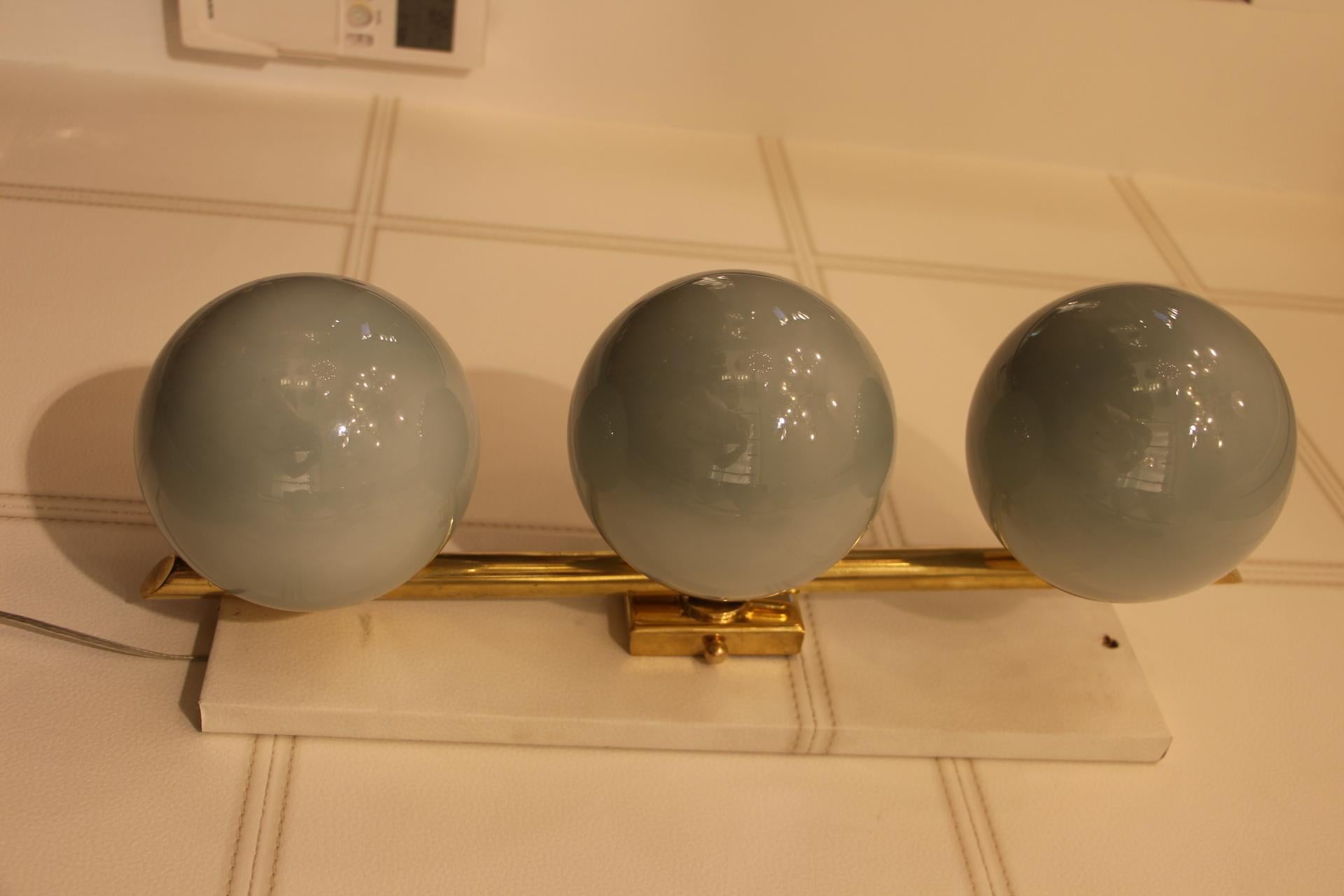 Italian Pair of Sconces in Brass and Blue-Grey Color Murano Glass