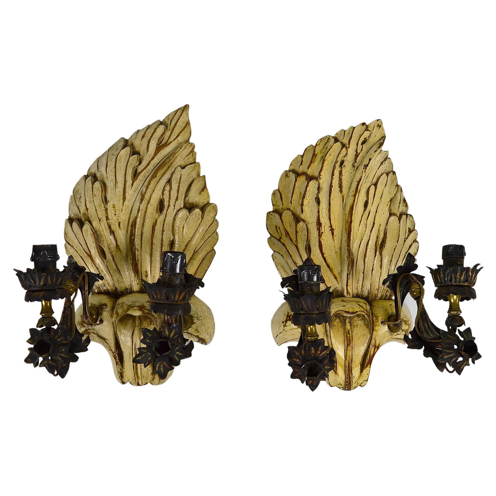 Pair of Sconces in Carved, Painted and Patinated Wood, Hollywood Regency, 1950s