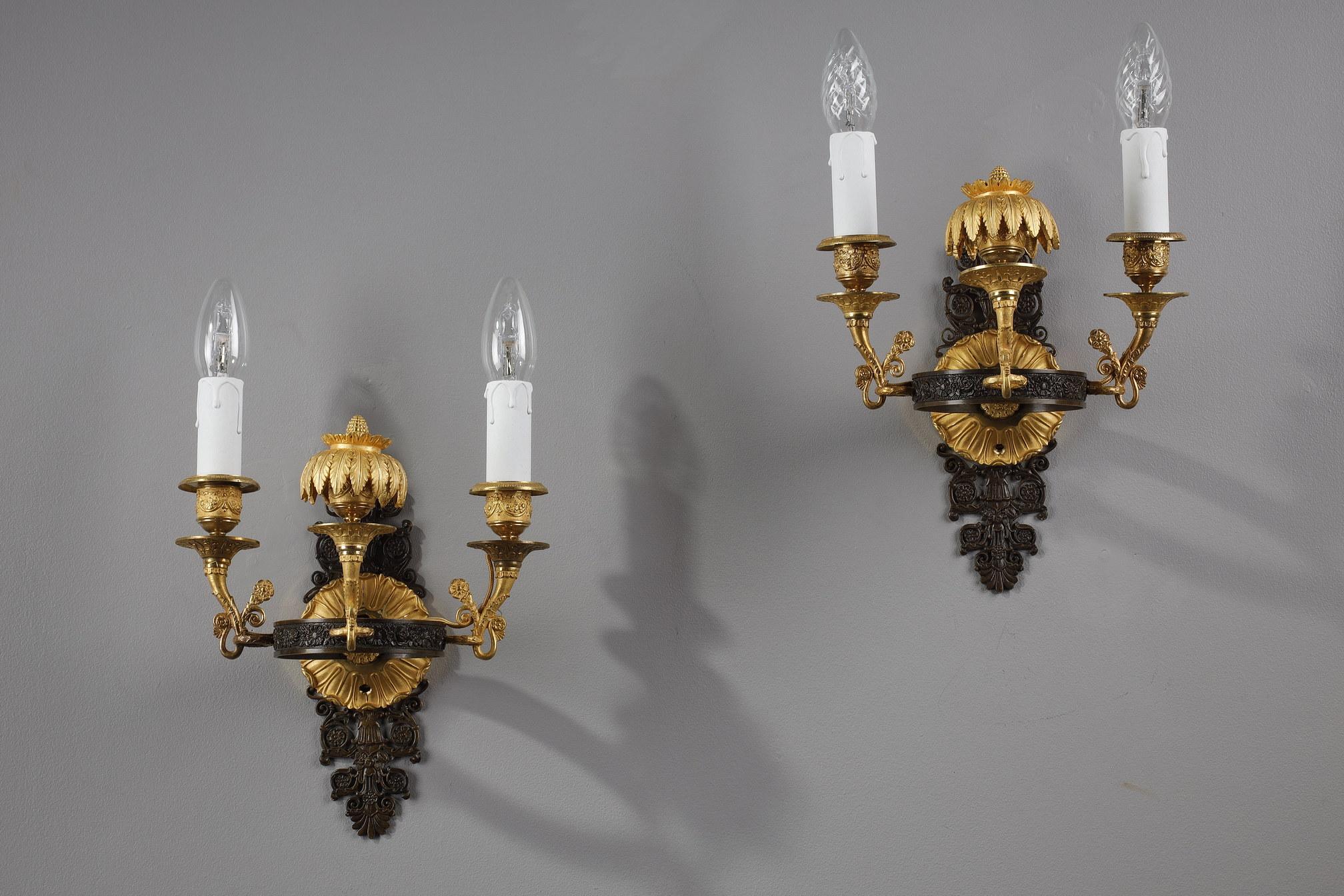 Pair of Sconces in Chiseled and Gilt Bronze, Charles X Period For Sale 12
