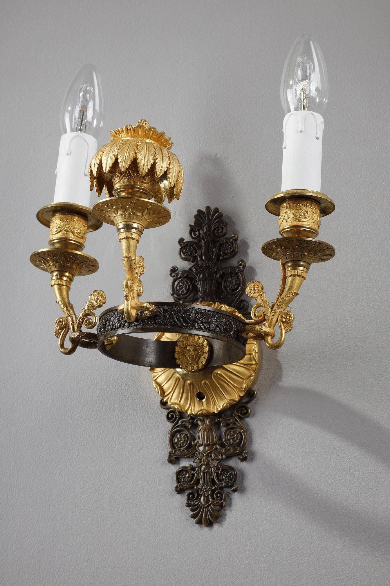 French Pair of Sconces in Chiseled and Gilt Bronze, Charles X Period For Sale