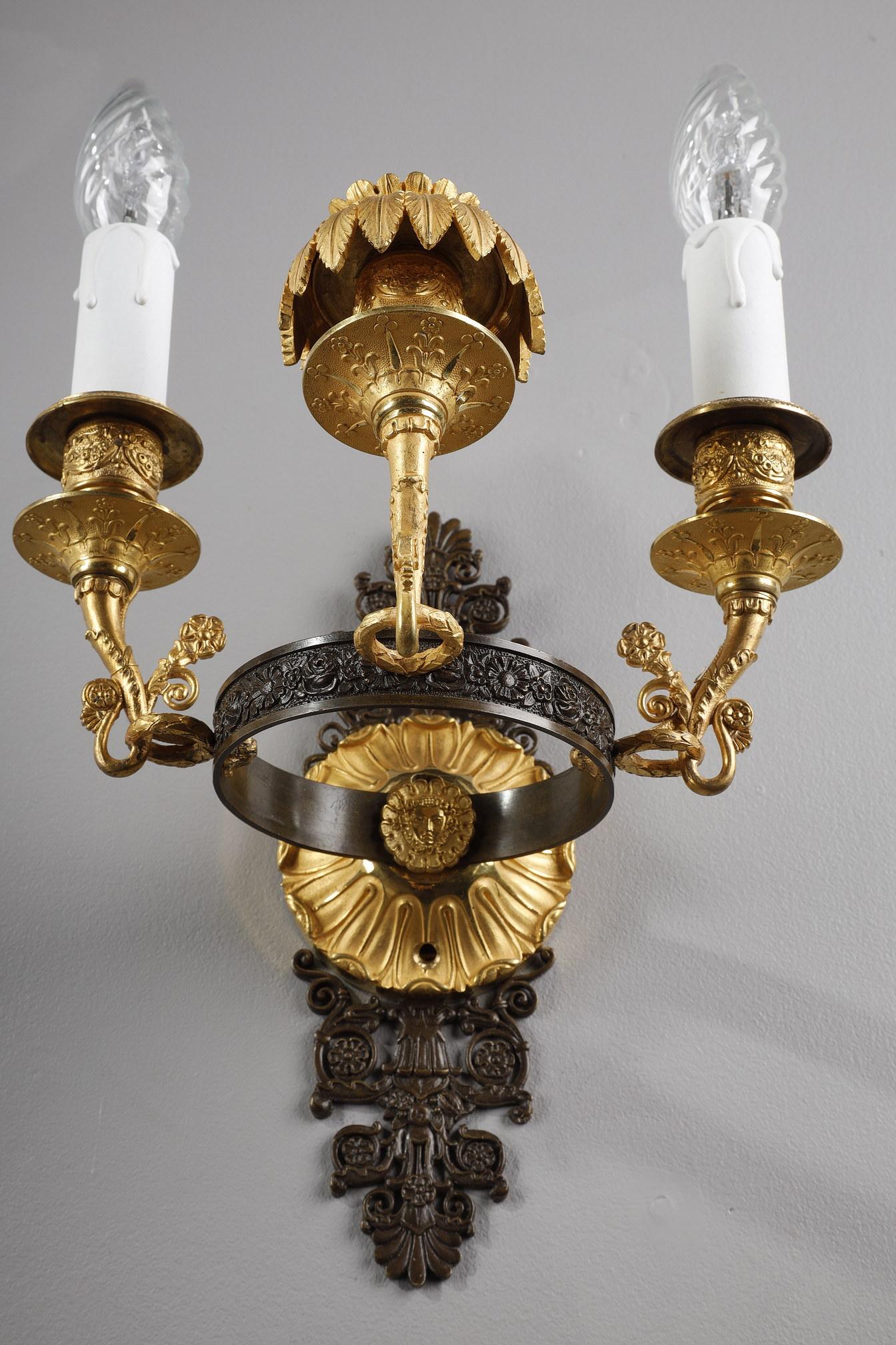 Early 19th Century Pair of Sconces in Chiseled and Gilt Bronze, Charles X Period For Sale