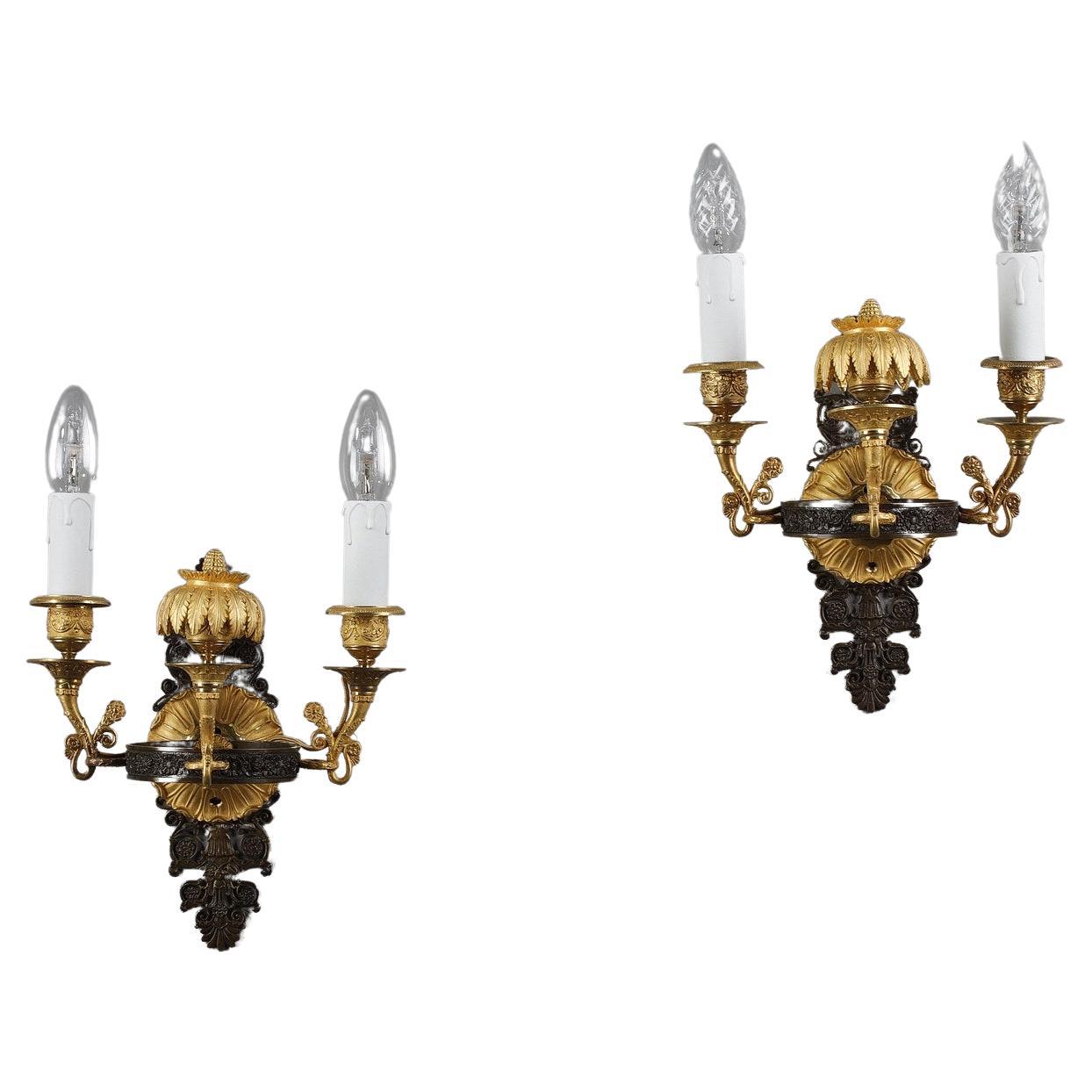 Pair of Sconces in Chiseled and Gilt Bronze, Charles X Period